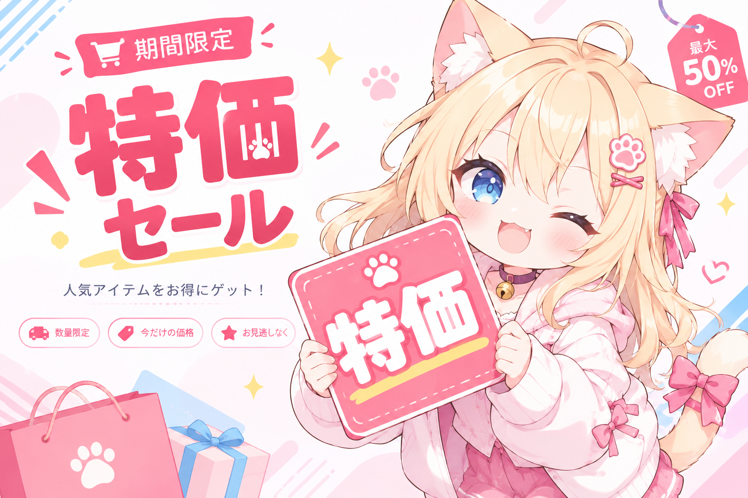 Dr.YUUの特価セールを紹介する、ピンクのセール看板を持ったかわいい金髪猫娘のイラスト
