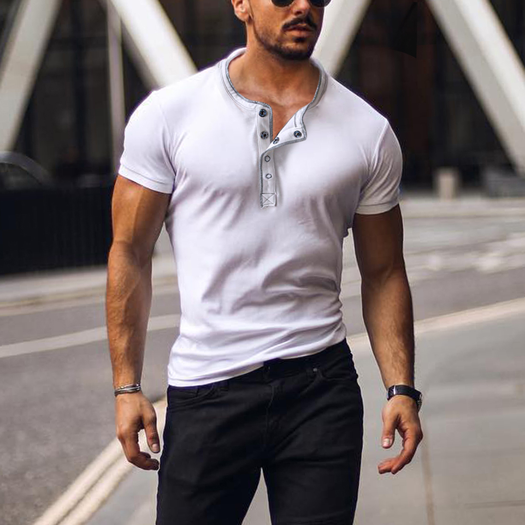 T-shirt à manches courtes en coton, style vintage, respirant et décontracté, col Henley, pour homme