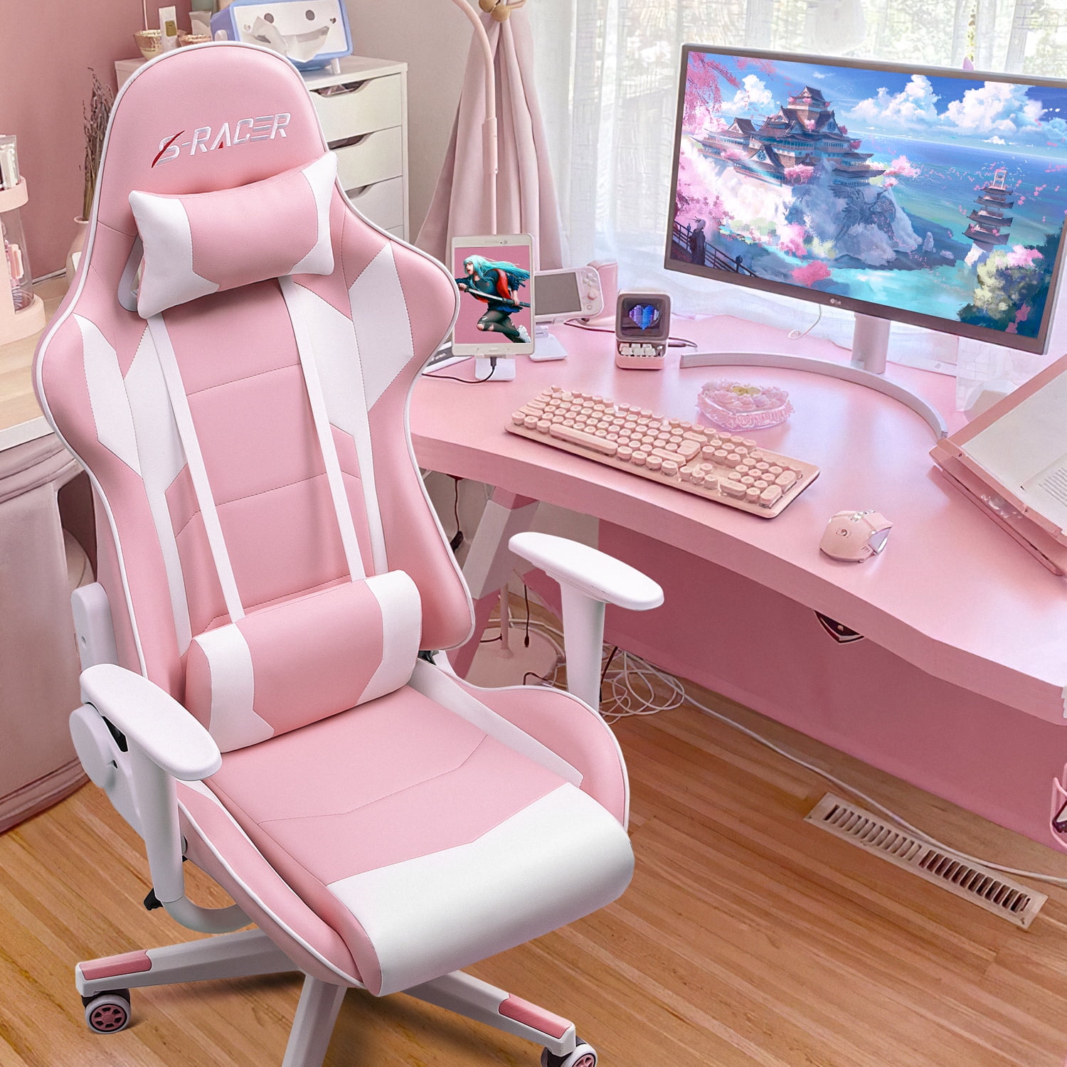 Gaming Chair office Chair with Headrest Lumbar Support, Pink(Pink) - Image 2