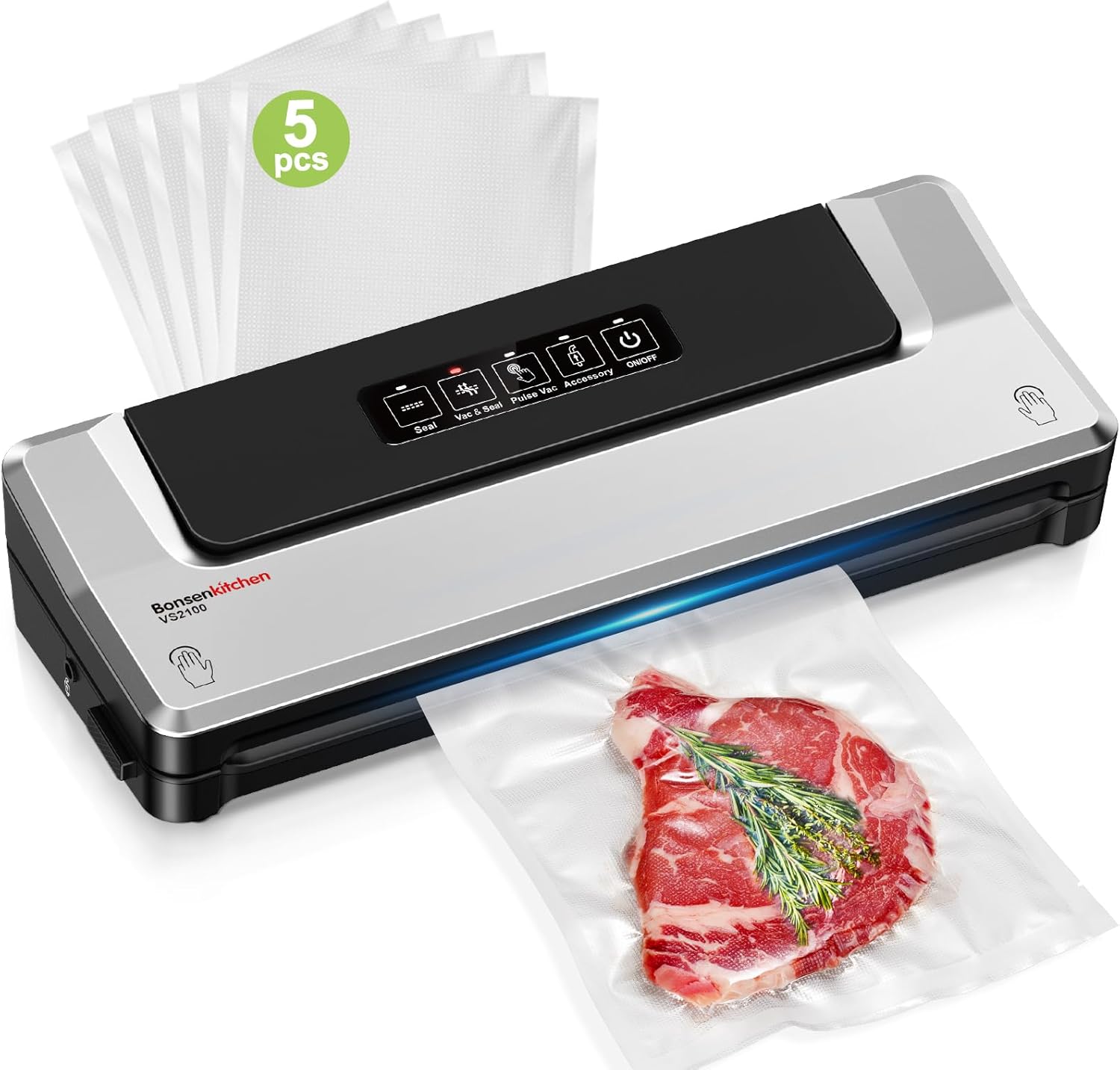 Bonsenkitchen Vacuum Sealer Machine, Multiple Modes For Meal Prep, Silver| Compact Vacuum Sealer for Kitchen Storage & Sous-Vide, External Vacuum System, 6x Longer Freshness, 5 Vacuum Bags