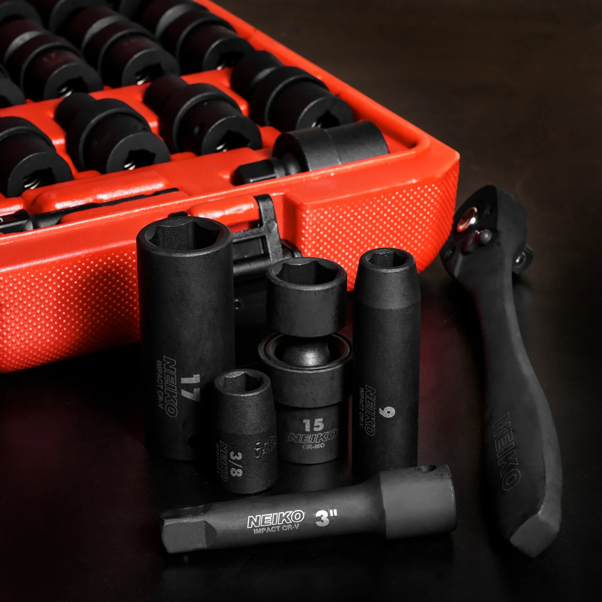 NEIKO 02471A Impact Socket Set, 3/8�� Drive, 67 Piece, Metric and Standard Master Socket Set with Shallow & Deep Sockets, Ratchet, Swivel Sockets, Extension Bars, Adapters, Cr-V & Cr-Mo