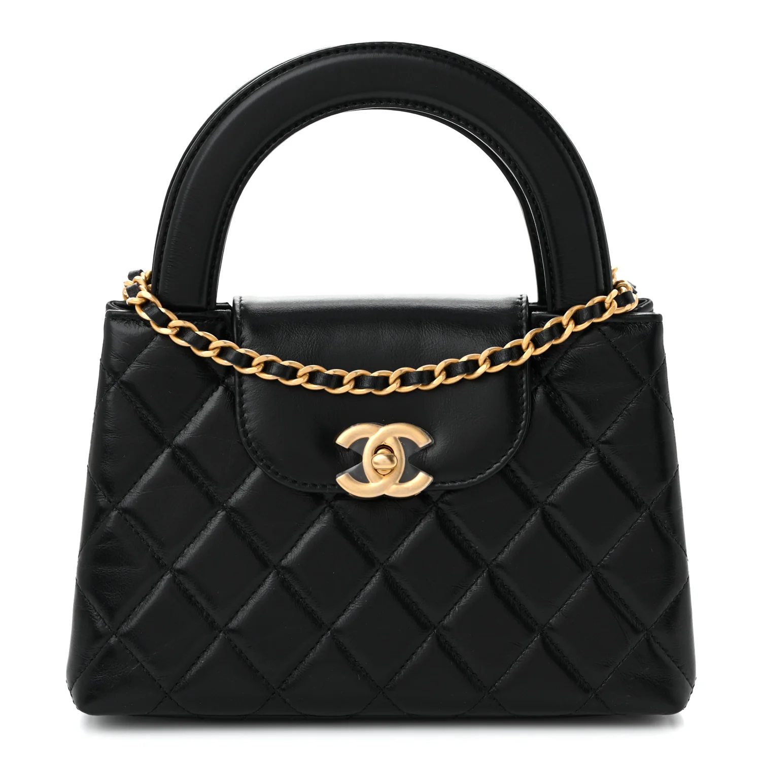 Shiny Aged Calfskin Quilted Nano Kelly Shopper Black