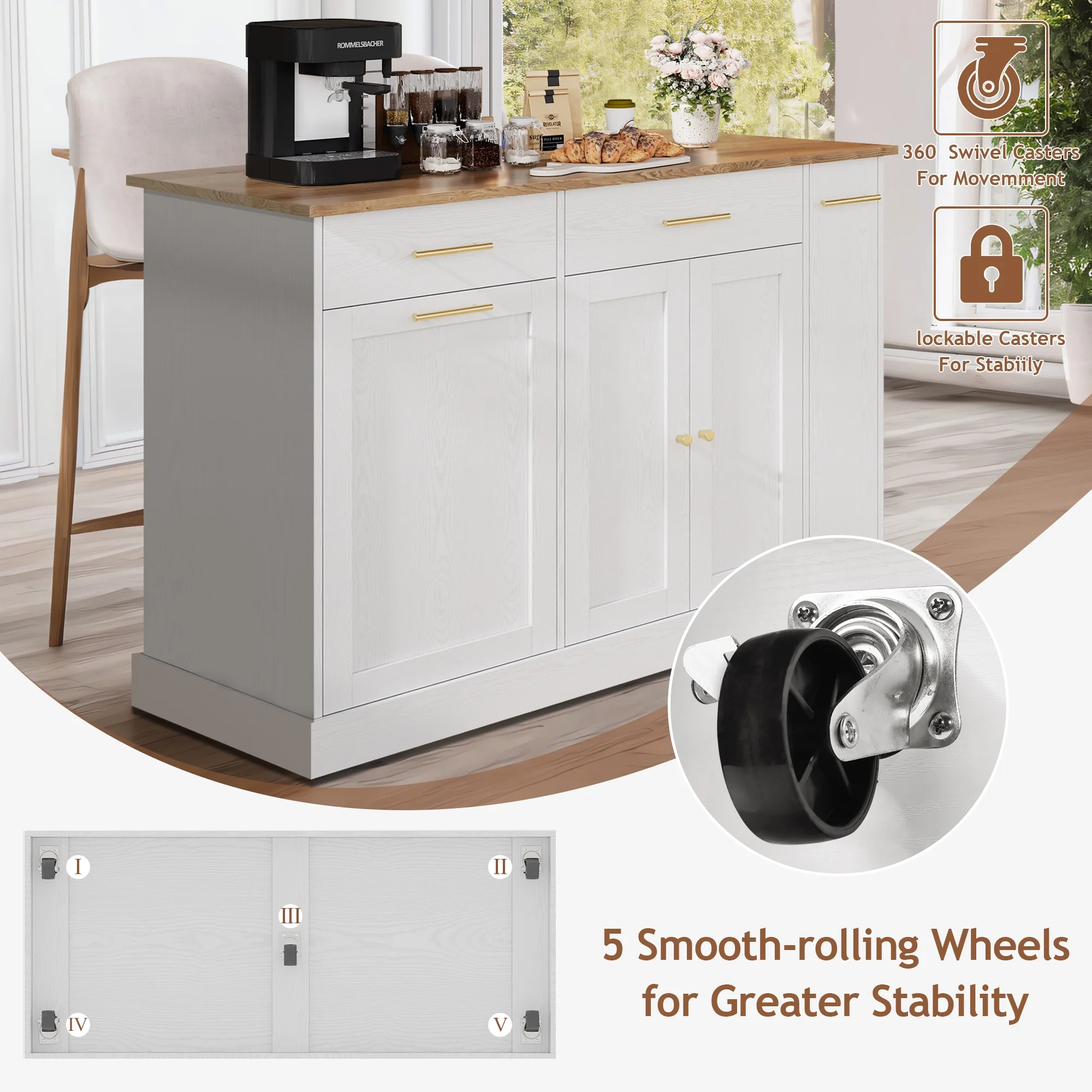 52" Kitchen Island with Storage, Rolling Kitchen Cart Island with Wheels, Tilt Out Kitchen Trash Cabinet 10 Gallon Storage, 3 Large Spice Racks and 2 Drawers, White(White) Image 8