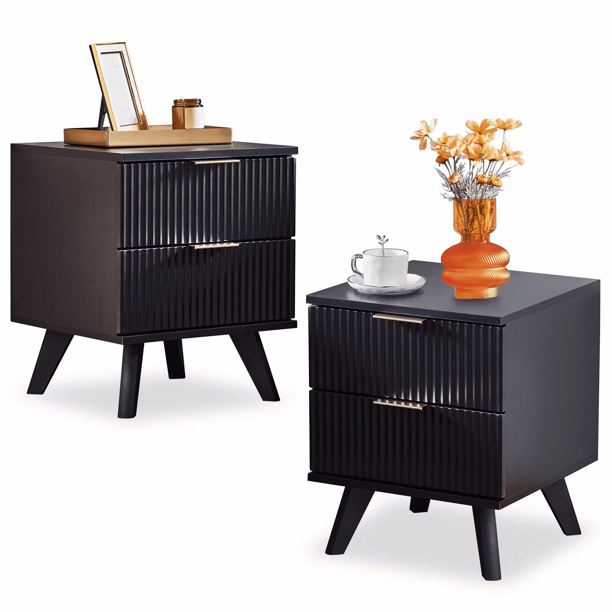 Fluted Nightstand for Bedroom Set of 2, Wood Bedside Table Set of 2 with Drawers, Black(2 drawer black  set of 2)