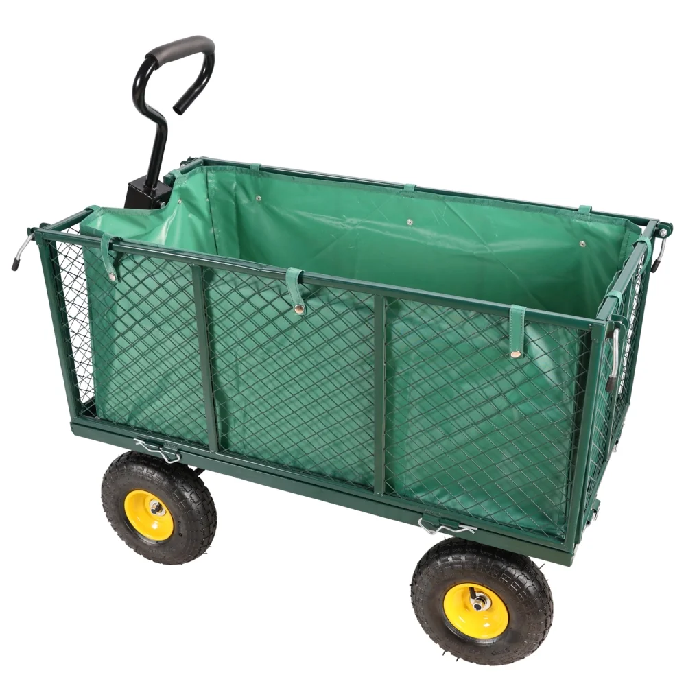 Gzxs Heavy Duty 880 lb Capacity Mesh Steel Garden Cart, Folding Utility Wagon with Removable Sides, Cart Liner, Storage Basket and 10