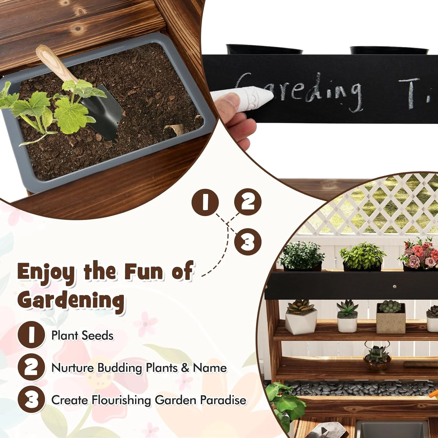 Kids Potting Bench, Fir Wood Outdoor Mud Table with Removable Sink, 4 Pots, Chalkboard, Storage Shelves, Garden Kid Kitchen Playset, Mud Kitchen for Kids Outdoor(Potting Bench Style) - Image 3