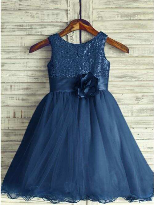 A-Line Round Neck Navy Blue Tulle Flower Girl Dress with Flower DMP21