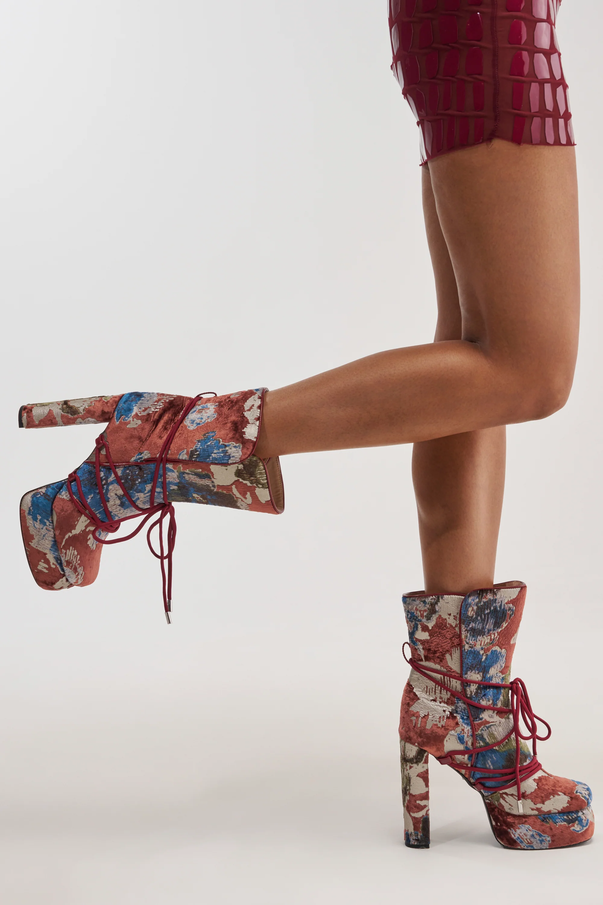 AKIRA GOLD MAYBE MULTI VELVET PRINT PLATFORM BOOTIE - Akira Store