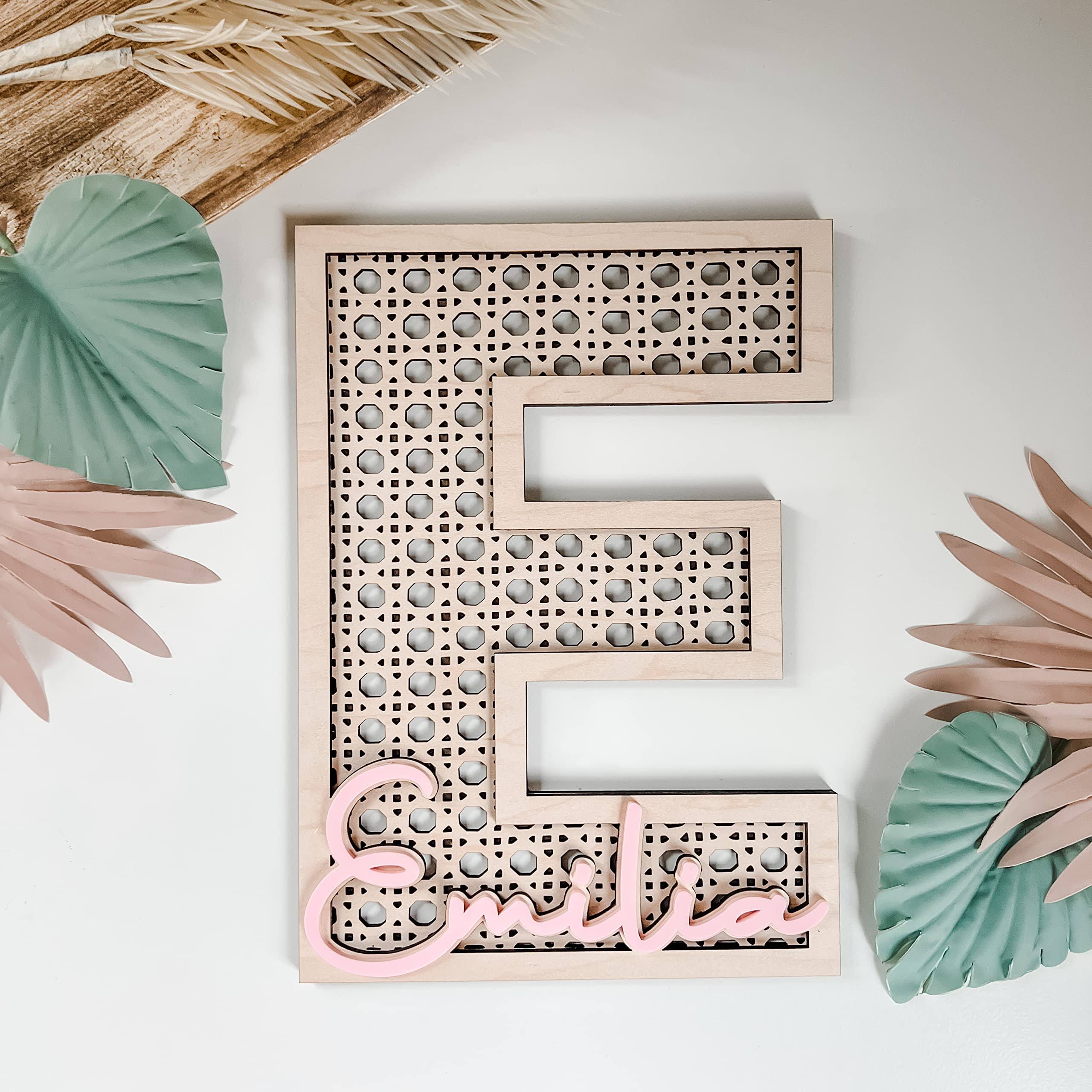 Custom Boho Wood Personalized Initial & Name Sign, 3D Layered Letter Handmade Rattan Wall Decor for Nursery or Child's Bedroom - Baby Shower,