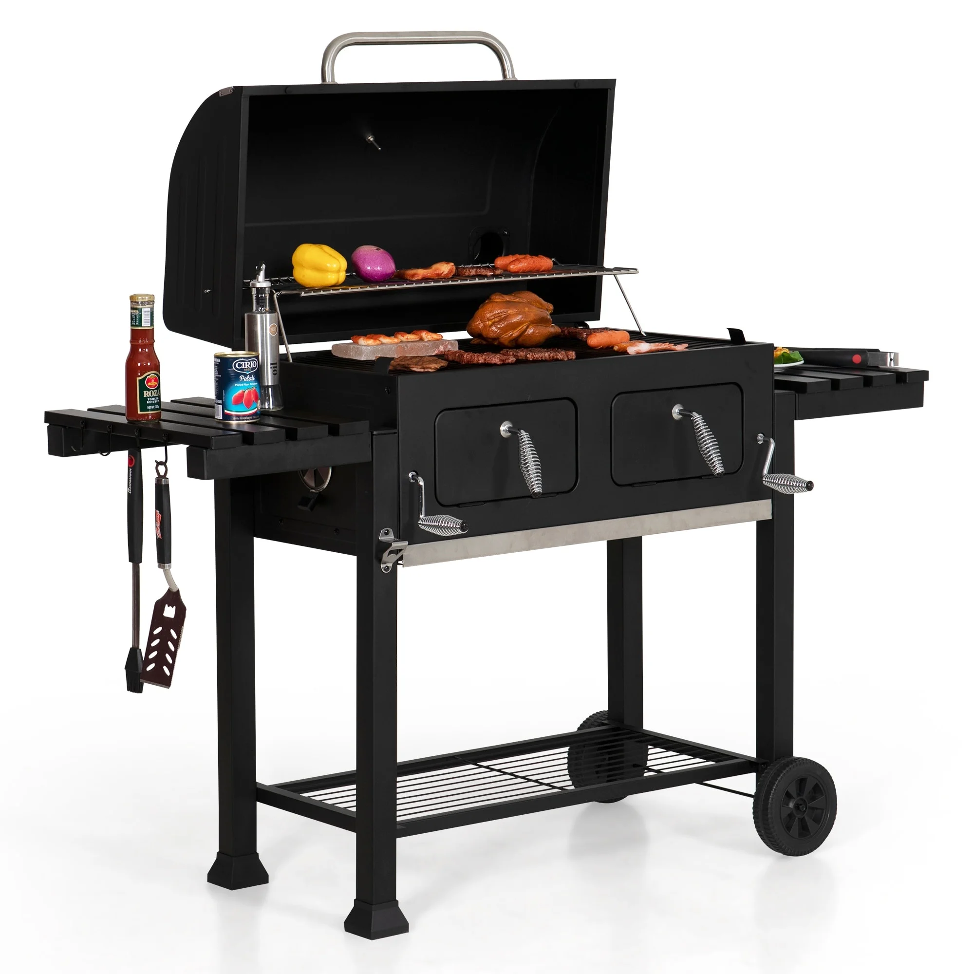 Extra Large Charcoal BBQ Grill with 794 Sq. In. Cooking Area, Dual Lifting Charcoal Trays & Foldable Side Tables