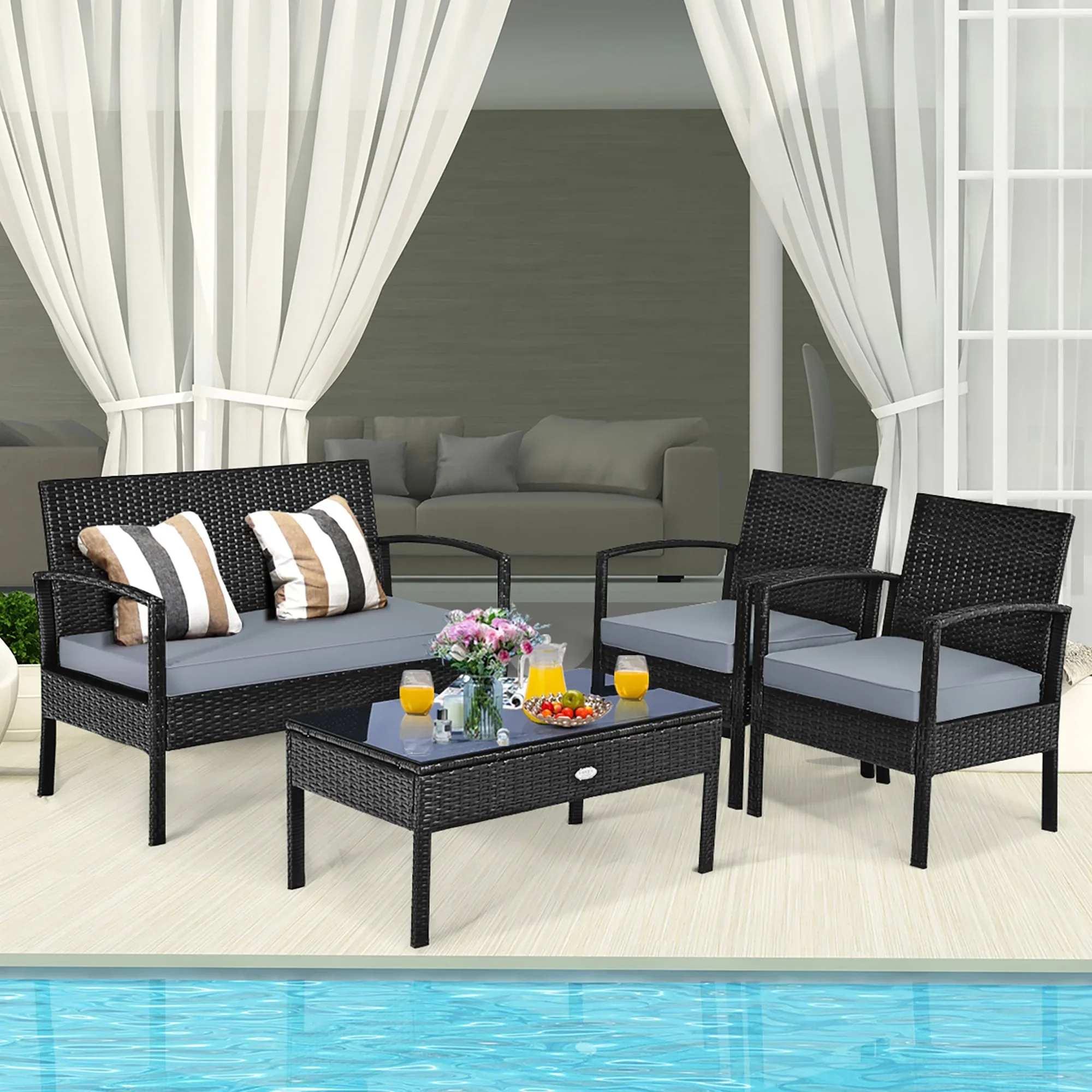 Costway 4PCS Patio Rattan Wicker Furniture Set Loveseat Sofa Cushioned Garden Yard Brown