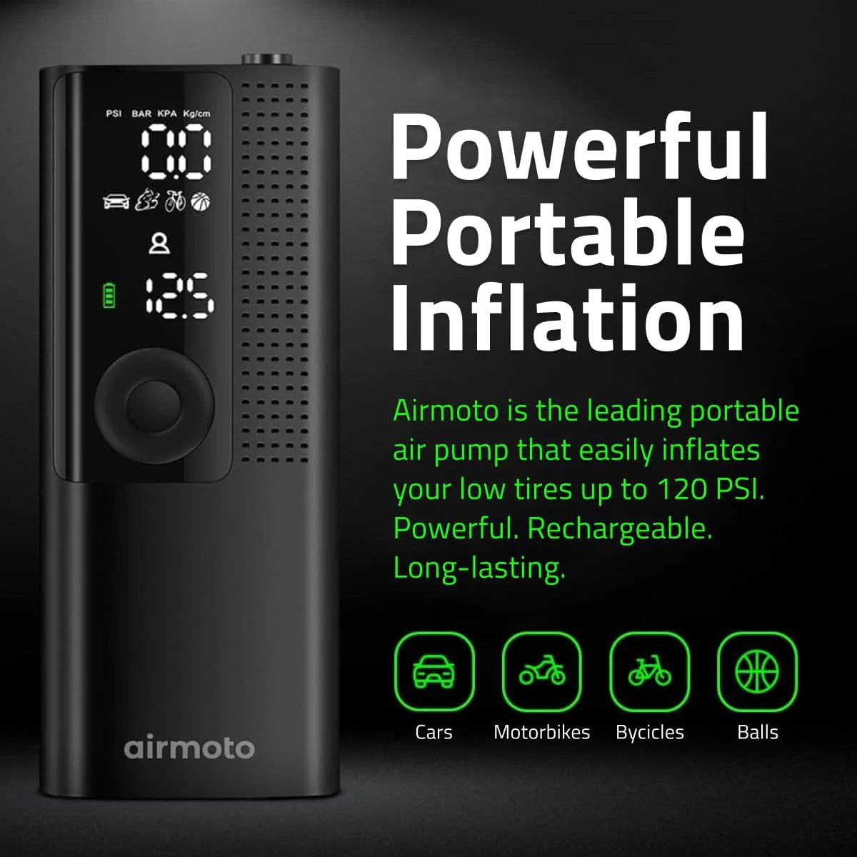 Gonfleur de pneus Airmoto, compresseur d'air portable, pompe à air pour pneus de voiture avec manomètre numérique, lumière LED et arrêt automatique