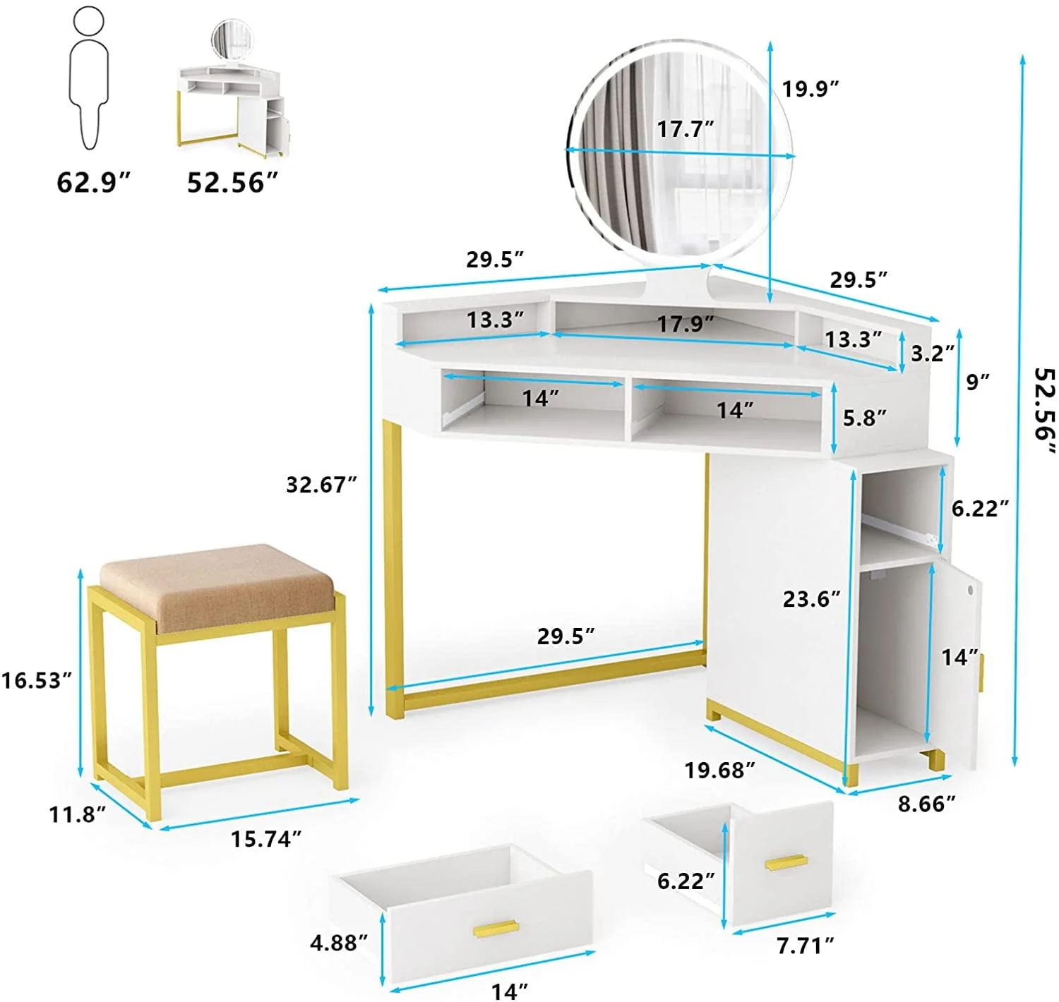 Corner Vanity Set with Lighted Mirror, Makeup Vanity Dressing Table with Drawers, Cabinet and Cushioned Stool, Girls Vanity Desk for Bathroom, Bedroom, White by TZUTOGETHER Image 3