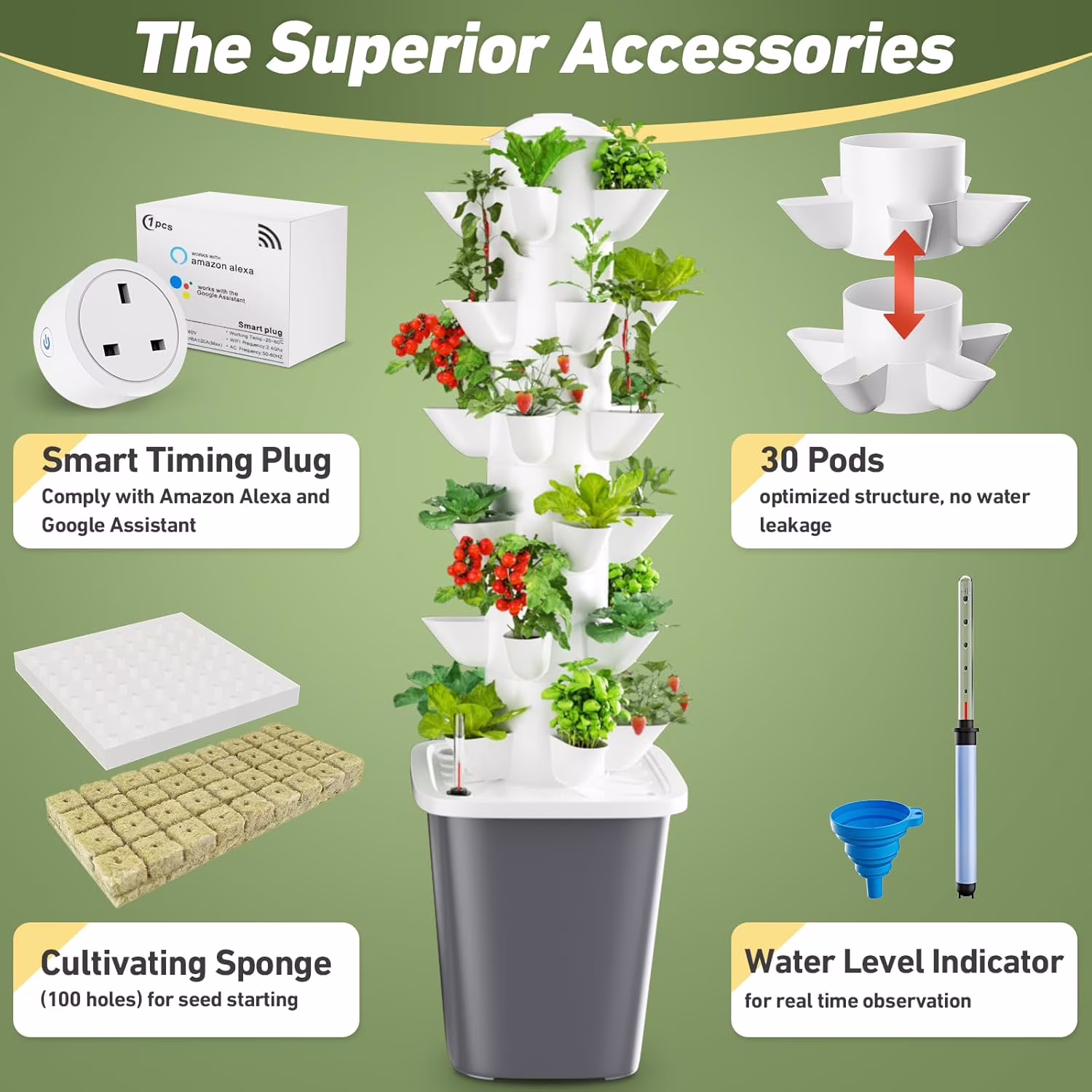 EAYSG Vertical Hydroponics Garden Tower, 30-Plant Indoor Growing System with Timer & Automatic Watering, Space-Saving Herb Garden Kit for Home, Soilless Indoor Gardening System
