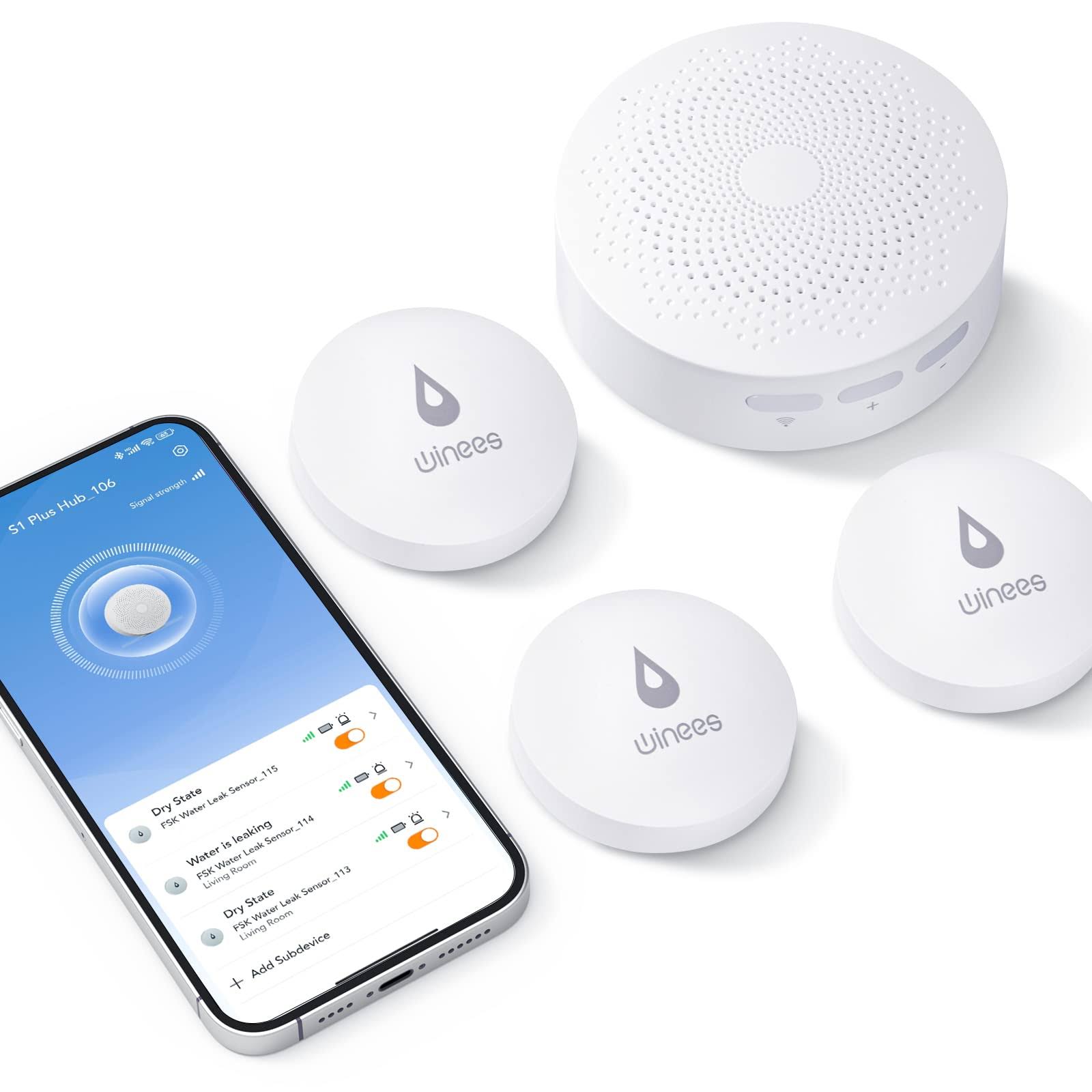 Winees WiFi Water Leak Detector, 3 Pack Water Sensors with 100dB Adjustable Alarm, Leak Alert Email&SMS Notification, 100m Transmission for Basement