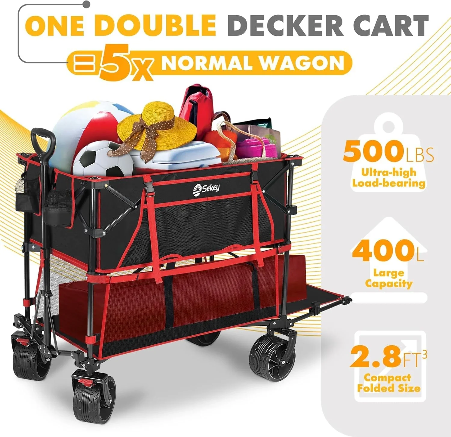 Chariot pliant à deux étages grande capacité 400 L avec freins et rallonge extra longue de 50 pouces