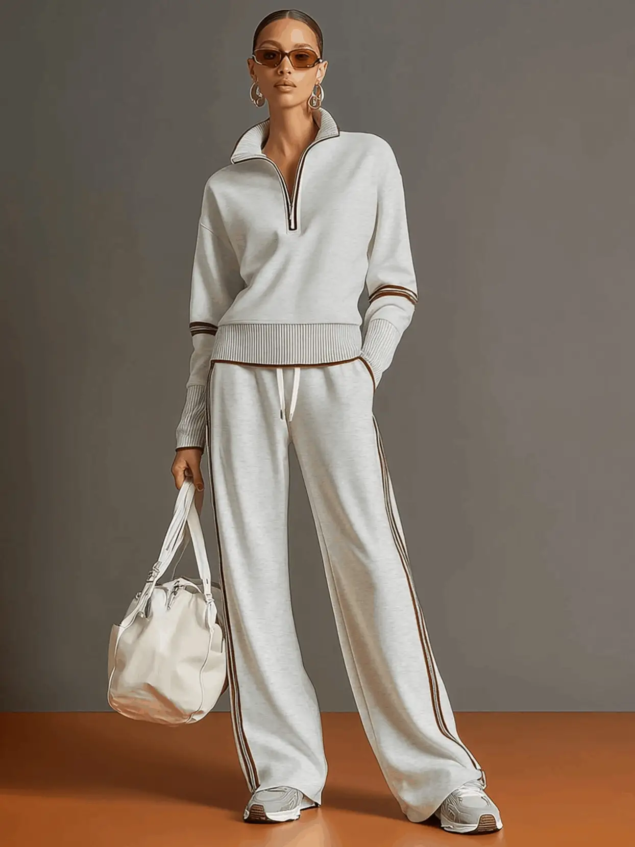 Ensemble sweat à demi-fermeture éclair et pantalon à jambes larges