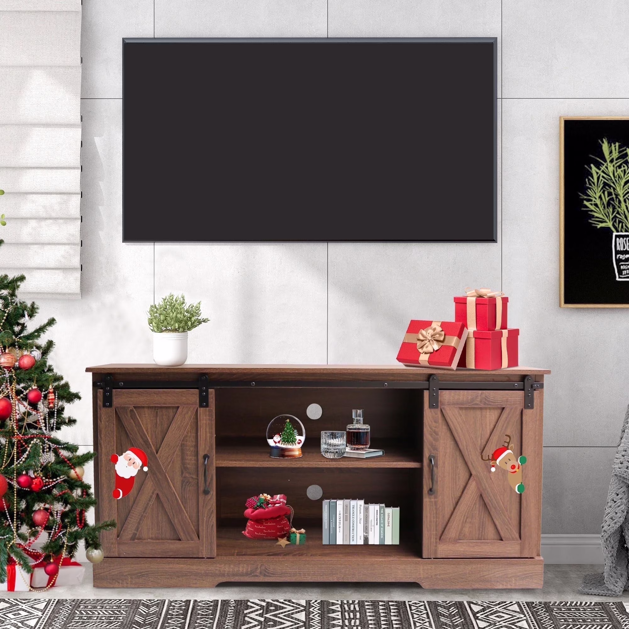 Farmhouse TV Stand for 65+ inch TV,34'' Tall Entertainment Center with Sliding Barn Doors, Rustic Wood Media Console Storage Cabinet Television Stand for Living Room, Light Grey(TV Stand 2/Light Grey) - Image 7