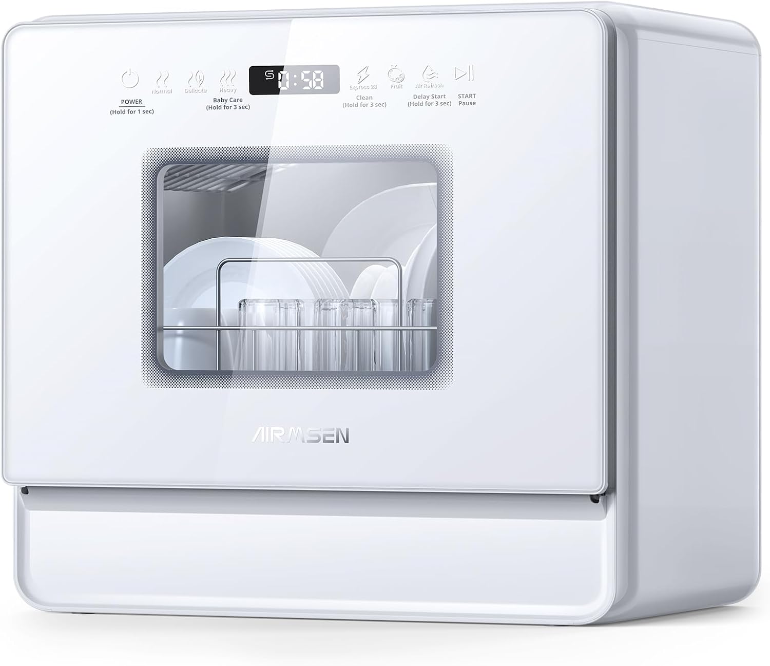 Lave-vaisselle de bureau portable, avec double étagère, réservoir d'eau intégré de 5 litres, 3 bras de lavage, départ différé 12 heures, sans branchement électrique, modèle blanc.