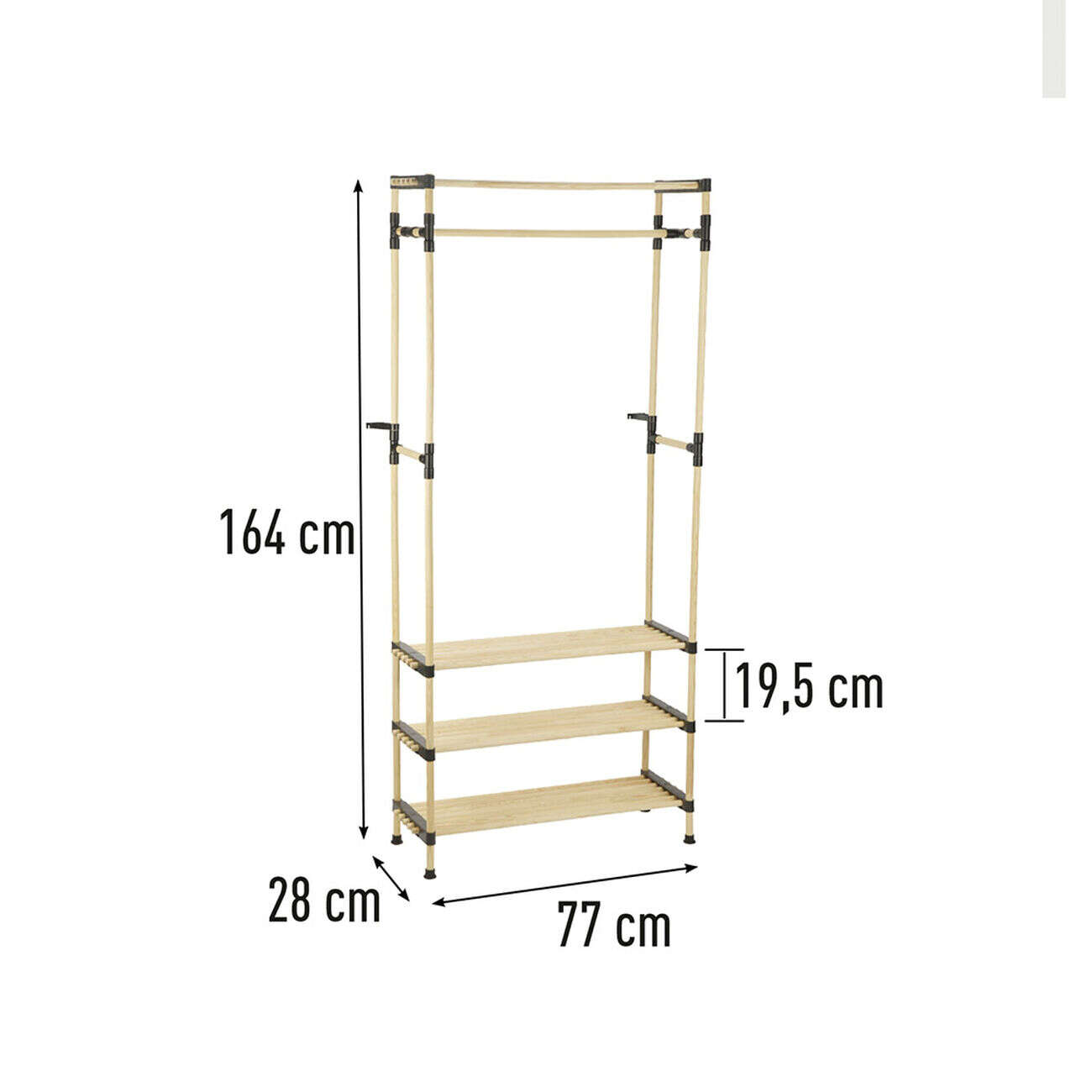 Penderie avec 3 étageres bois beige et plastique noir - 77x28xH164cm