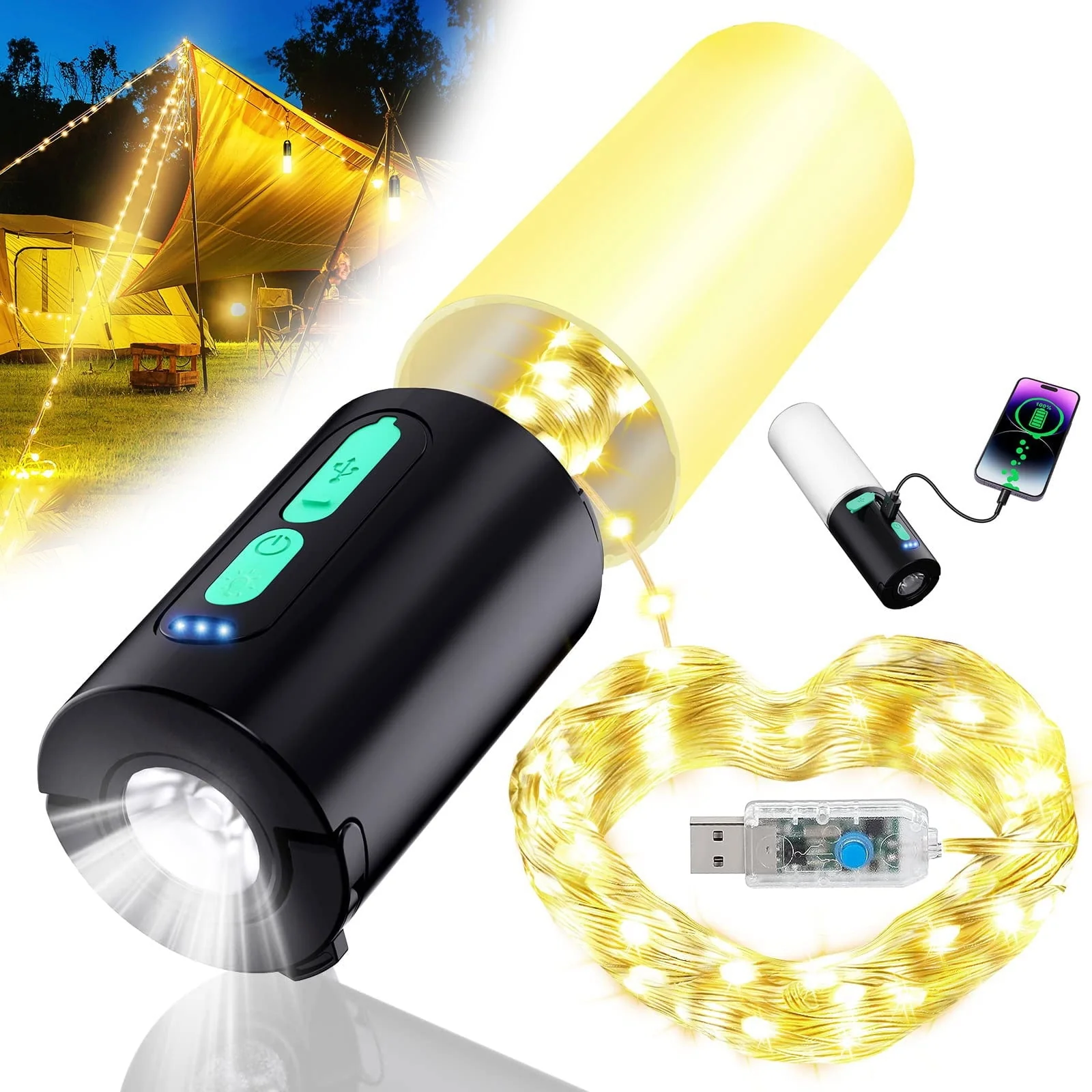 4-in-1 Multifunction Camping Light, 4000mAh Power Bank for Charging, IPX6 Waterproof LED Flashlight, 33ft 100 LED USB Powered String Fairy Lights for Outdoor Tent, Bedroom, Party, Hiking,Wedding