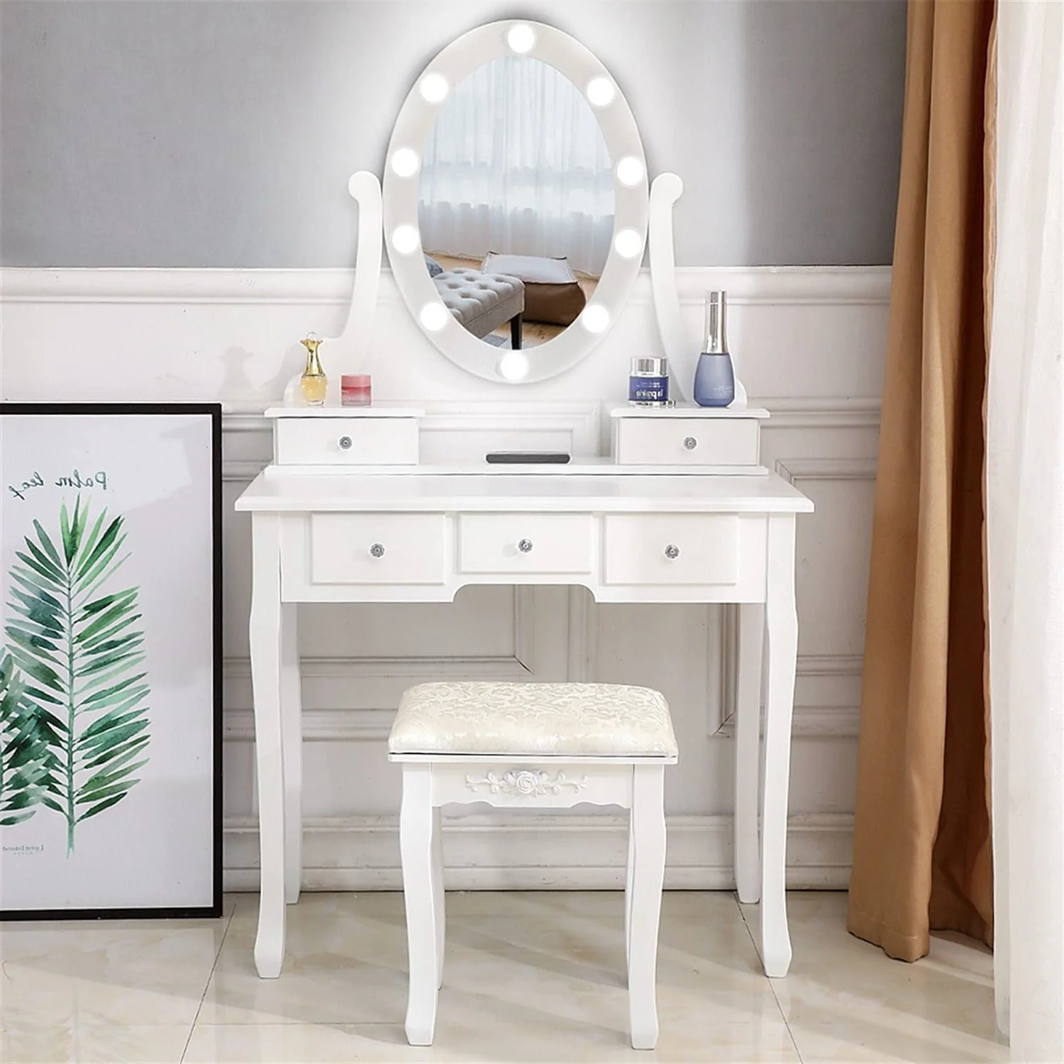 Vanity Table 10 LED Lights, 5 Drawers Makeup Dressing Desk with Cushioned Stool Set,Bedroom Vanities Set White