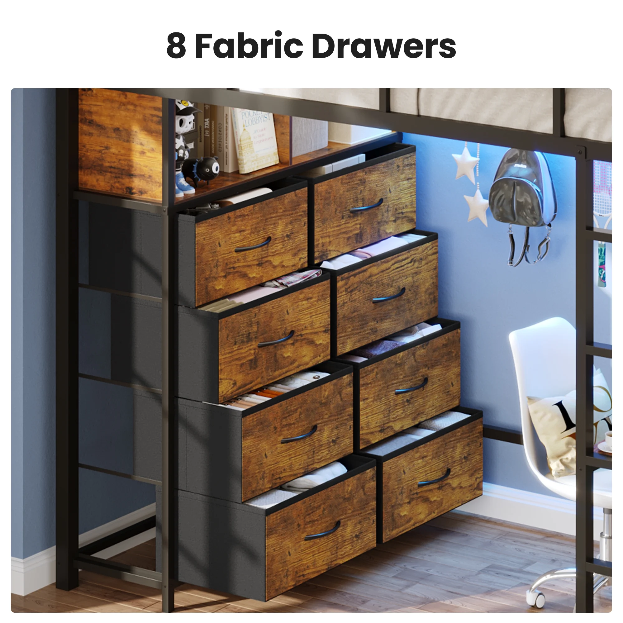 Twin Size Loft Bed with Desk and 8 Storage Drawers and Charging Station, Metal Loft Bed Twin with LED Lights, Storage Shelves, Black(Brown) - Image 8