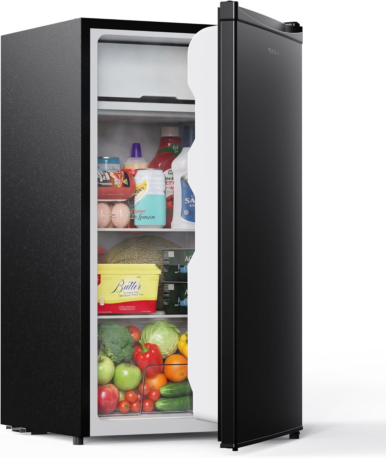 Upstreman 3.2 Cu.Ft Mini Fridge with Freezer, Black-BR321| Adjustable Thermostat, Energy Saving, Low Noise, Reversible Door, Small Refrigerator for Dorm, Bedroom, Office
