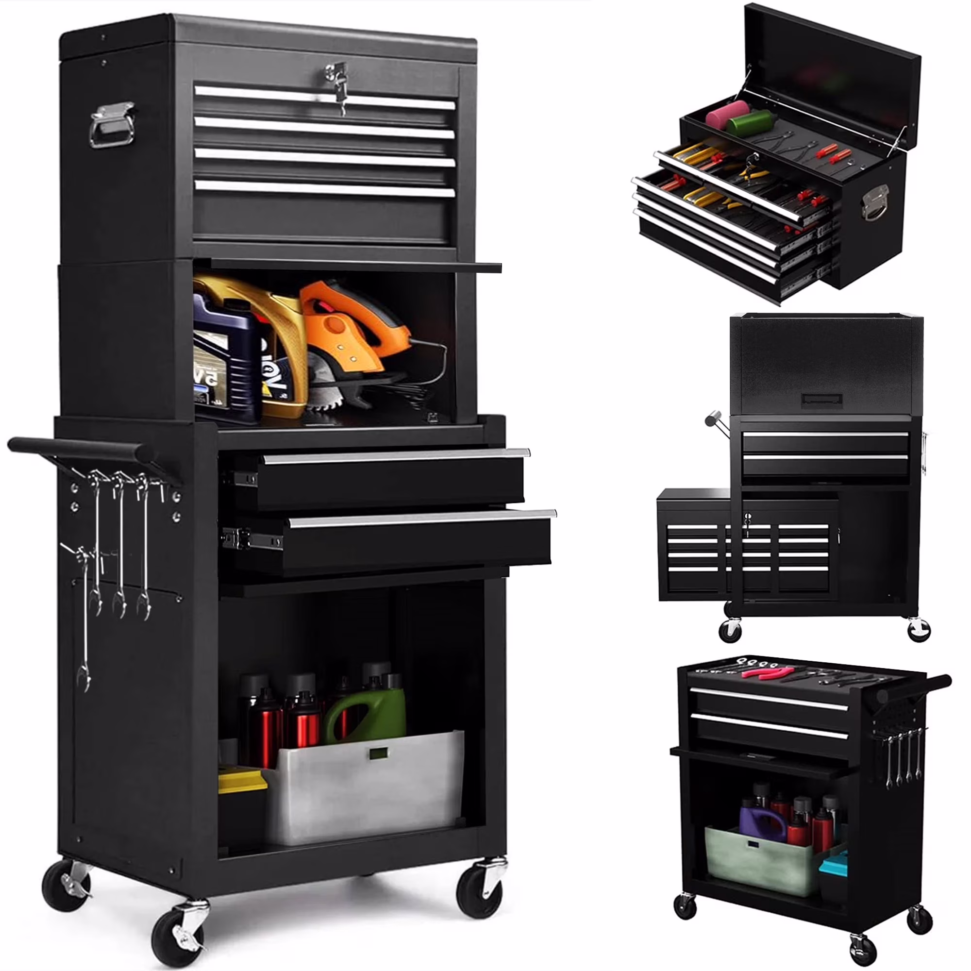 Aukfa Tool Box, 3 in 1 Steel Rolling Tool Chest w/ 6-Drawers & 2 Cabinet for Garage Workshop, Black