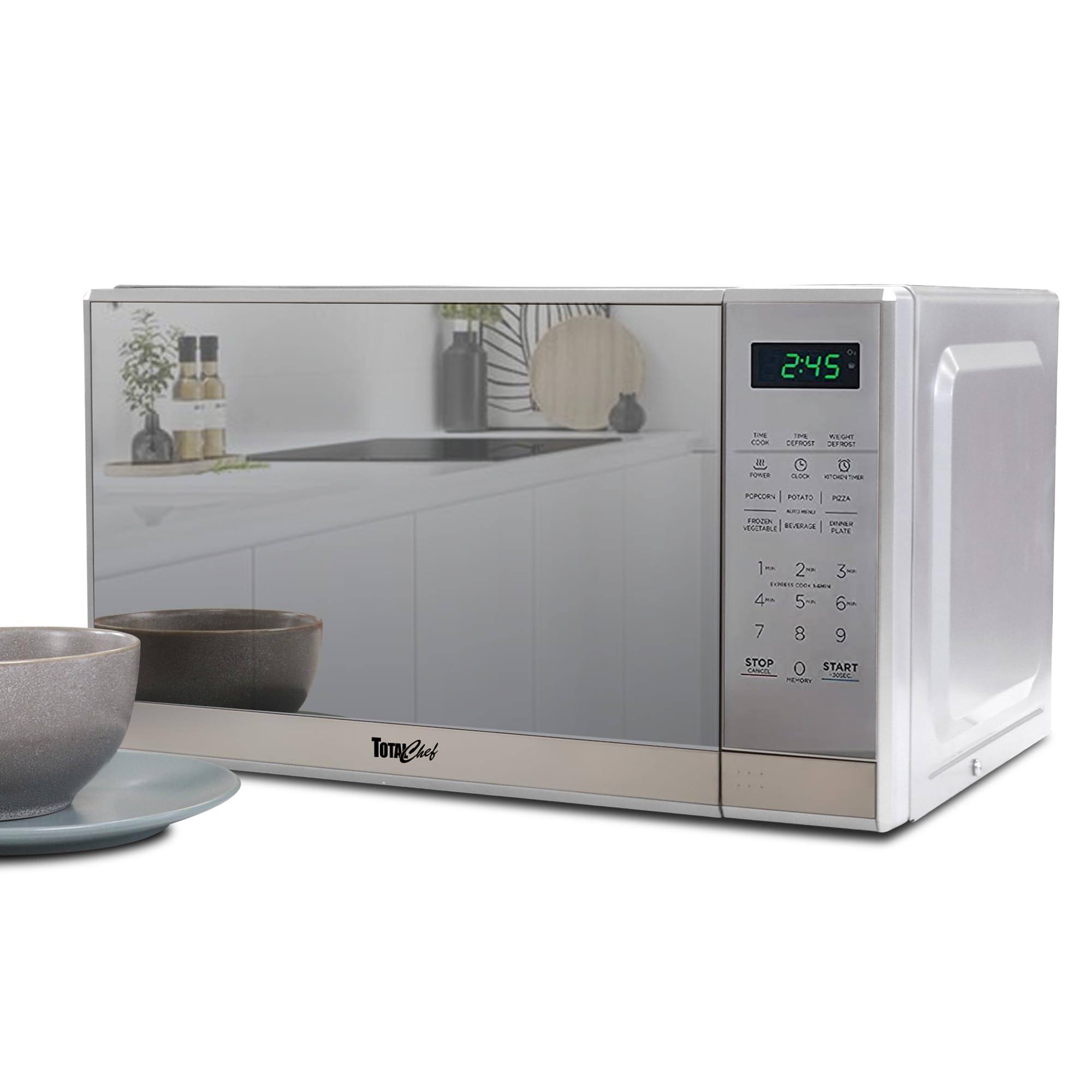 Total Chef Compact Countertop Microwave Oven, 700W, 0.7 Cubic Feet Capacity, Digital Touchscreen Controls, One-Touch Push-Button Opening, 6 Pre-Set