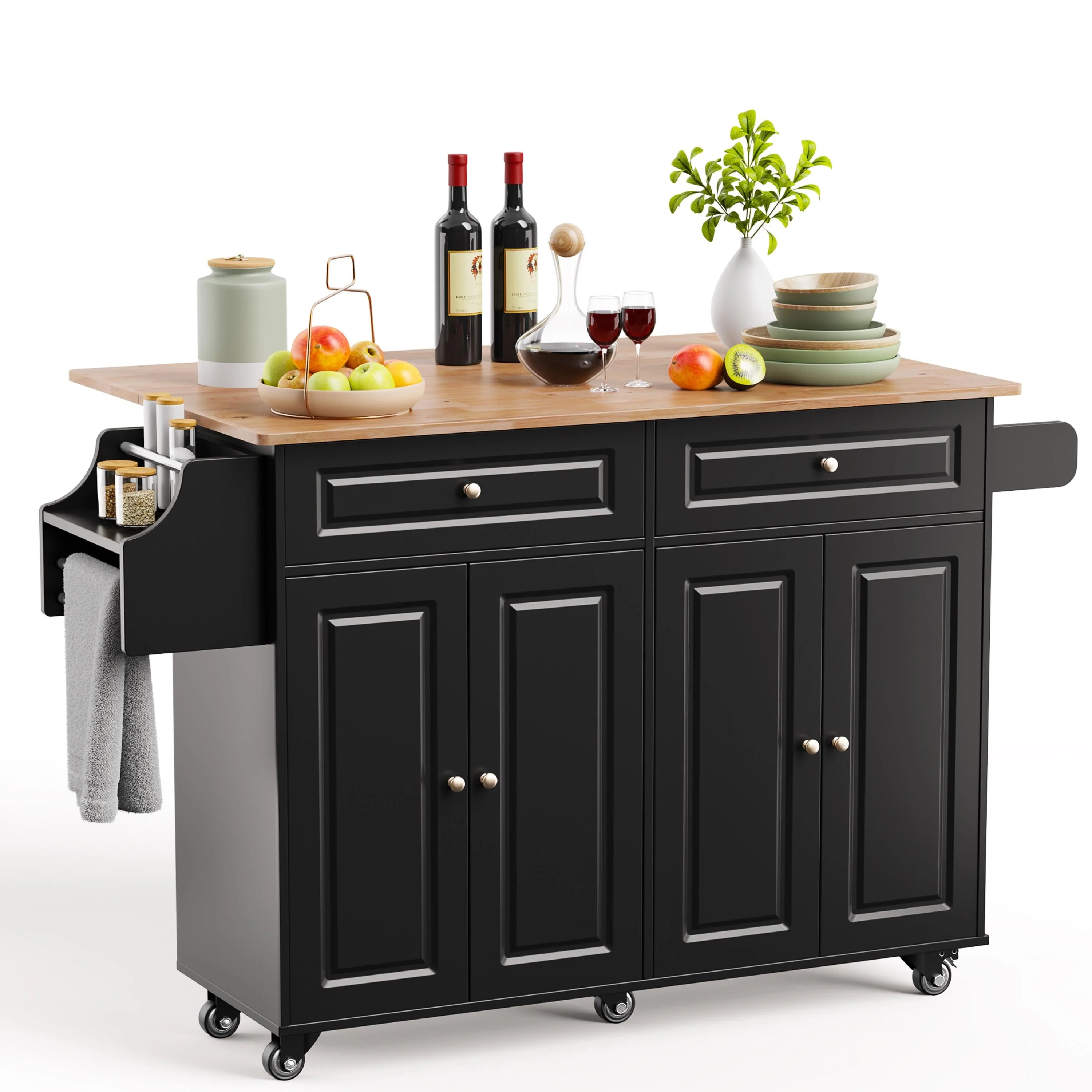 Kitchen Island with Storage, Kitchen Island Cart with Drop Leaf, Black(Black)