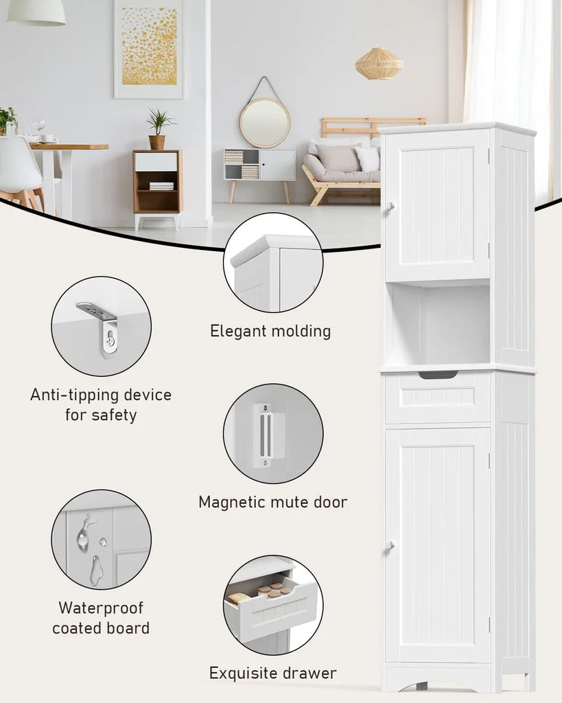 67"H Bathroom Storage Cabinet with 2 Doors and 1 Drawer for Bathroom, Bedroom, Kitchen, and Living Room White Image 9