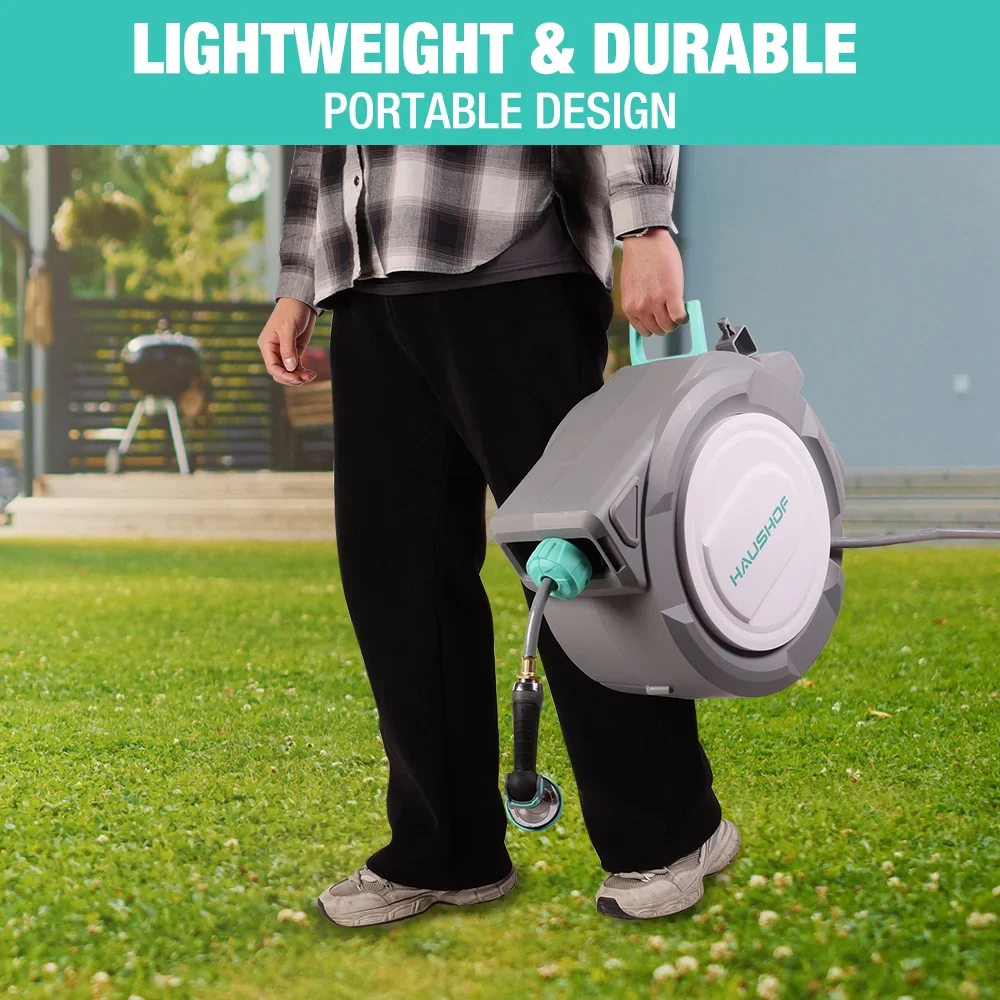 HAUSHOF 1/2 x 100 ft Retractable Garden Hose Reel with Automatic Rewind, 10-Pattern Spray Nozzle, Durable High-Pressure Hose, and 180�� Swivel Bracket �C Perfect for Watering Gardens, Cleaning Patios