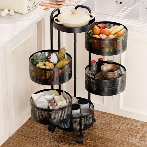 Rotating Storage Shelves Rack For Kitchen, 5-Tier Multi Layer Removable Basket Shelf Organizer On Rolling Wheels For Fruit Vegetable Grocery