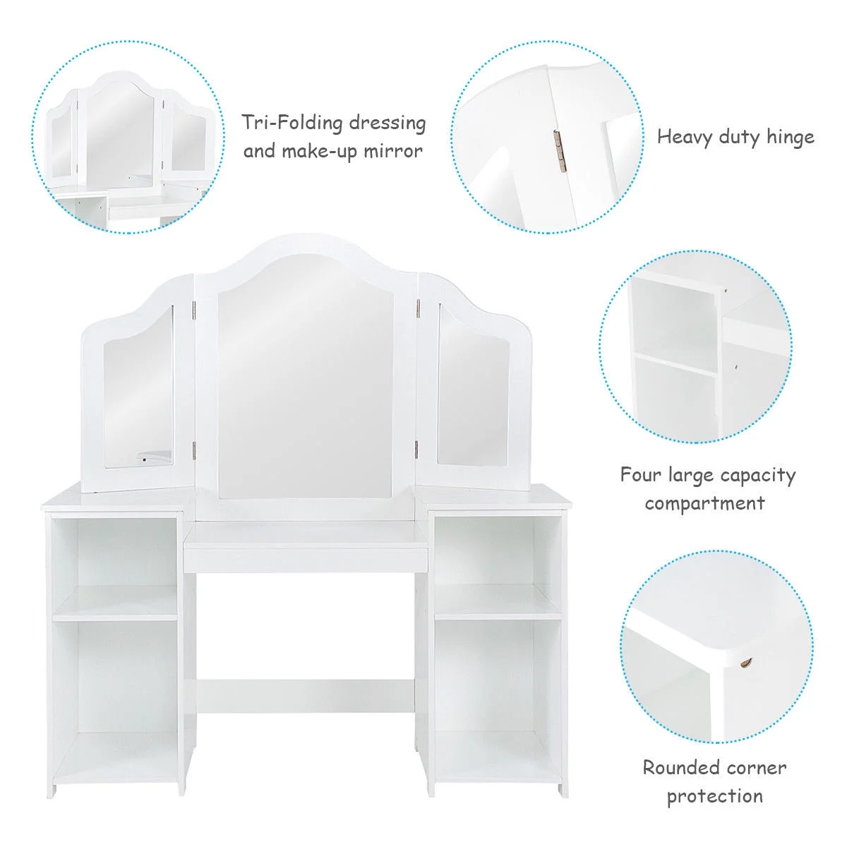Vanity Table Set Makeup Dressing Kids Girls Study Table Tri Folding Mirror White(White) Image 7