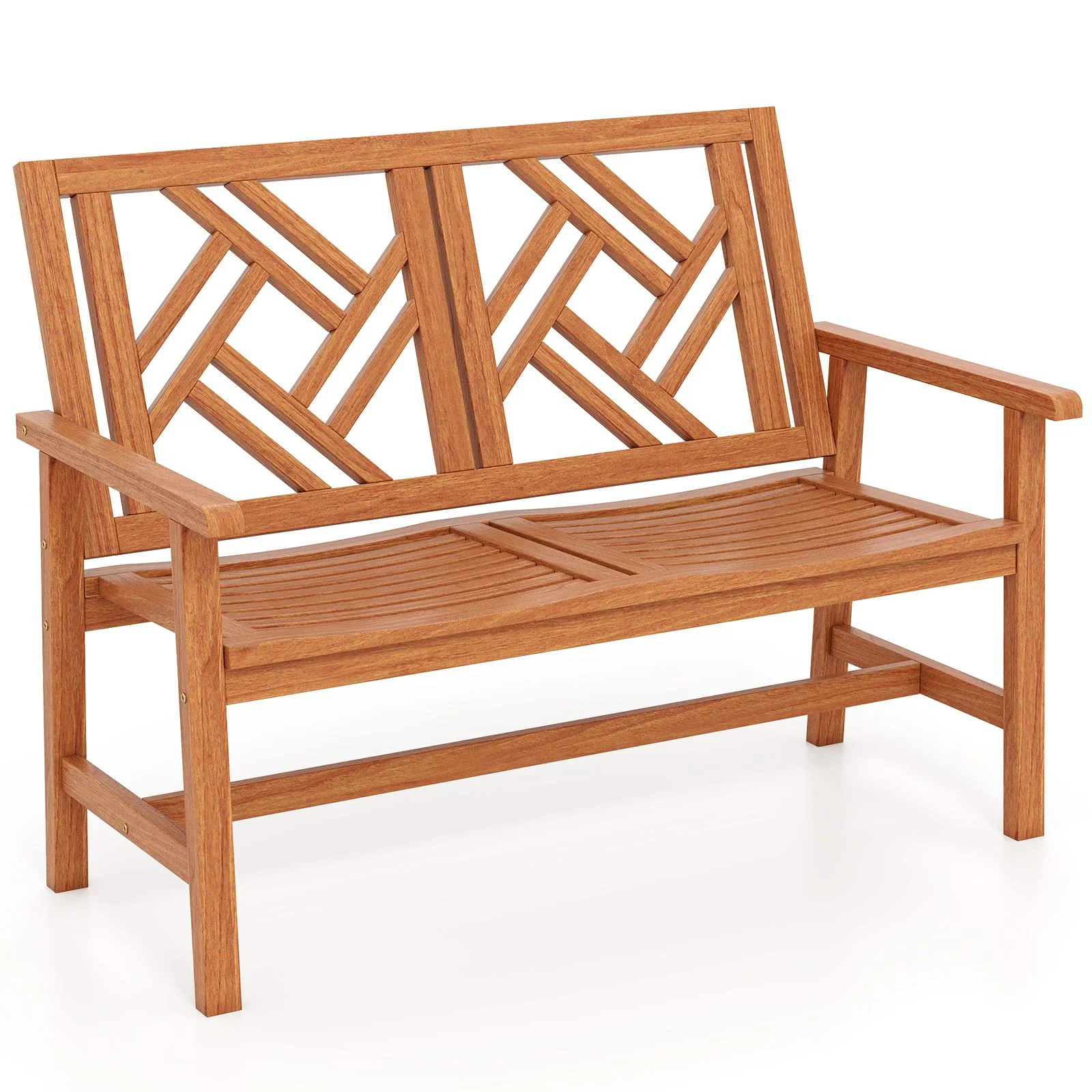 Tangkula Outdoor Bench Wood 2-Person Patio Loveseat Chair with Geometric Backrest