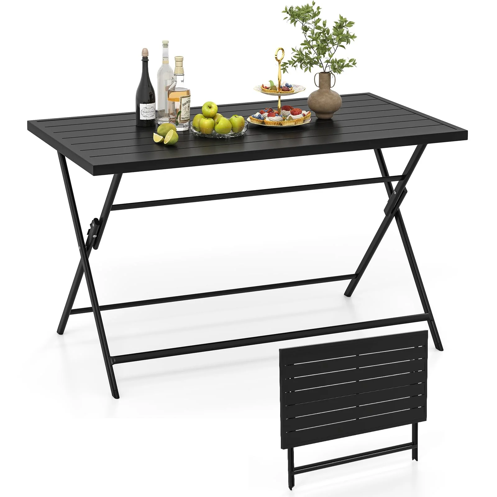 Tangkula Foldable Outdoor Dining Table 48inch x 30inch Rectangular Metal Patio Table with Slatted Tabletop