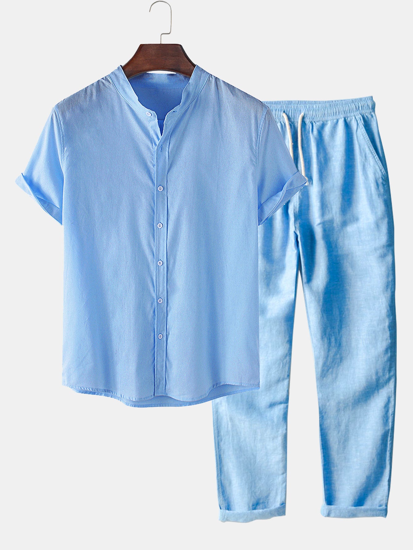 Chemises basiques à manches courtes aspect lin et pantalons droits en lin