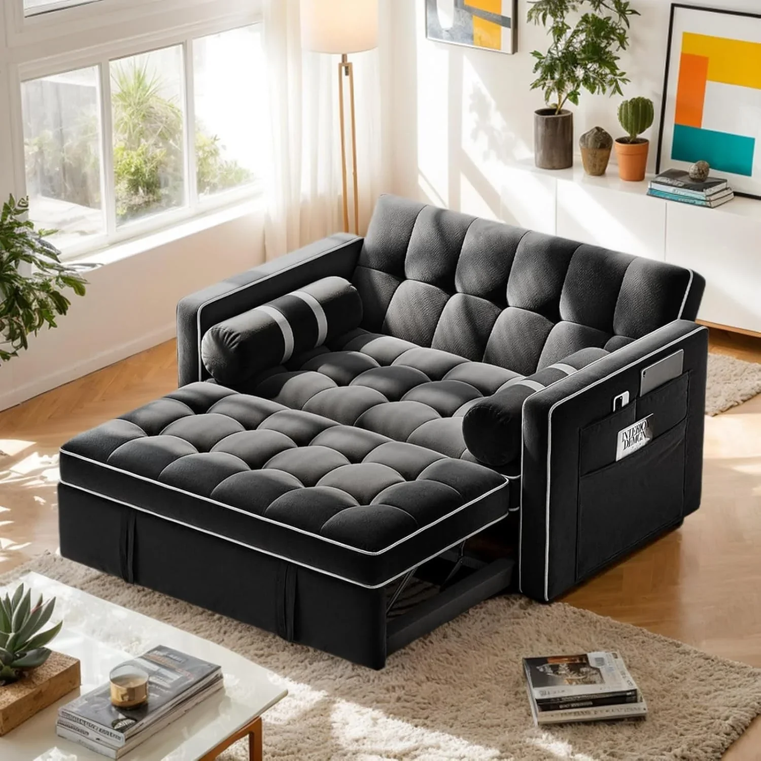Pipishell 3 in 1 Convertible Sleeper Sofa Bed,Pull Out Couch for Living Room with USB Ports & Side Pockets,Adjustable Backrest,Velvet,Loveseat Sofa Bed,Futon Couches,Black