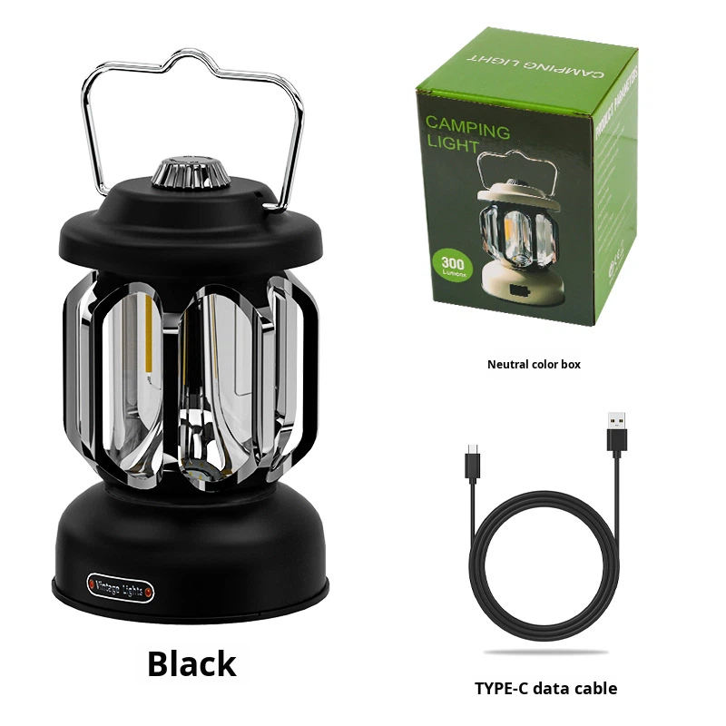 New Retro Type-C Fast Charging LED Camping Light Hiking Outdoor Stepless Dimming Home Lantern with Portable Hook