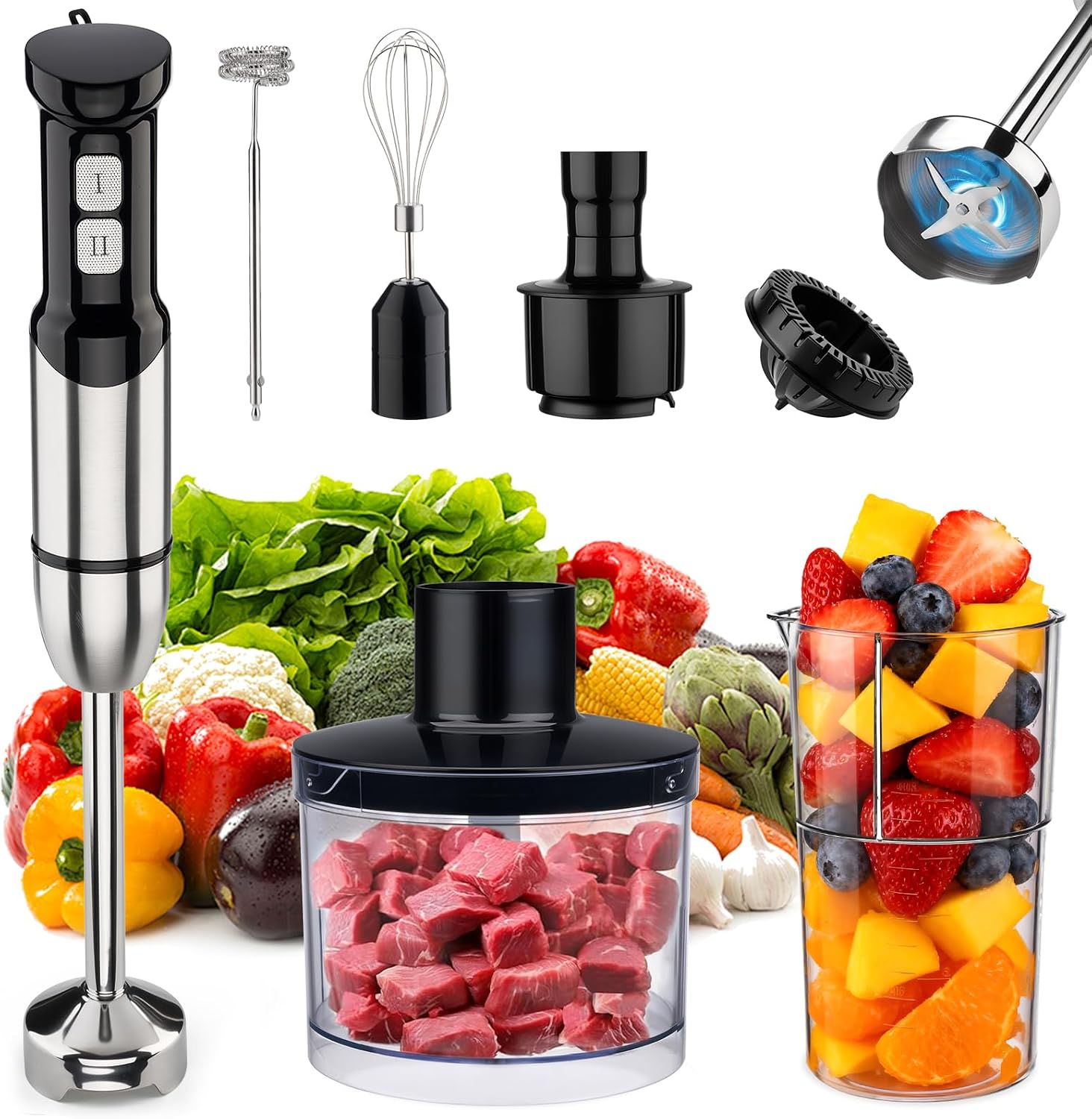 Immersion Blender Handheld 8 in 1 Hand Held Blenders Mixer Stainless Steel Electric Stick Beaker Chopper Milk Frother Grinder