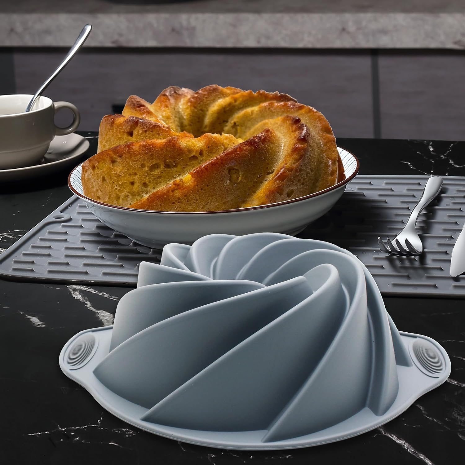 Tongjude 54 Pieces Silicone Baking Pans Set, 10 Silicone Cake Molds, Loaf Pan and Muffin Pans, Non-Stick Baking Cup, with Measuring Cups and Spoons Set, Grey