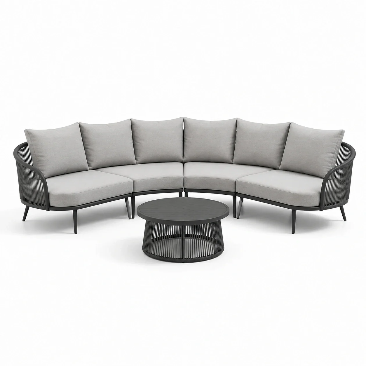 Salon de jardin en aluminium et corde polyester gris avec table ronde - 2026