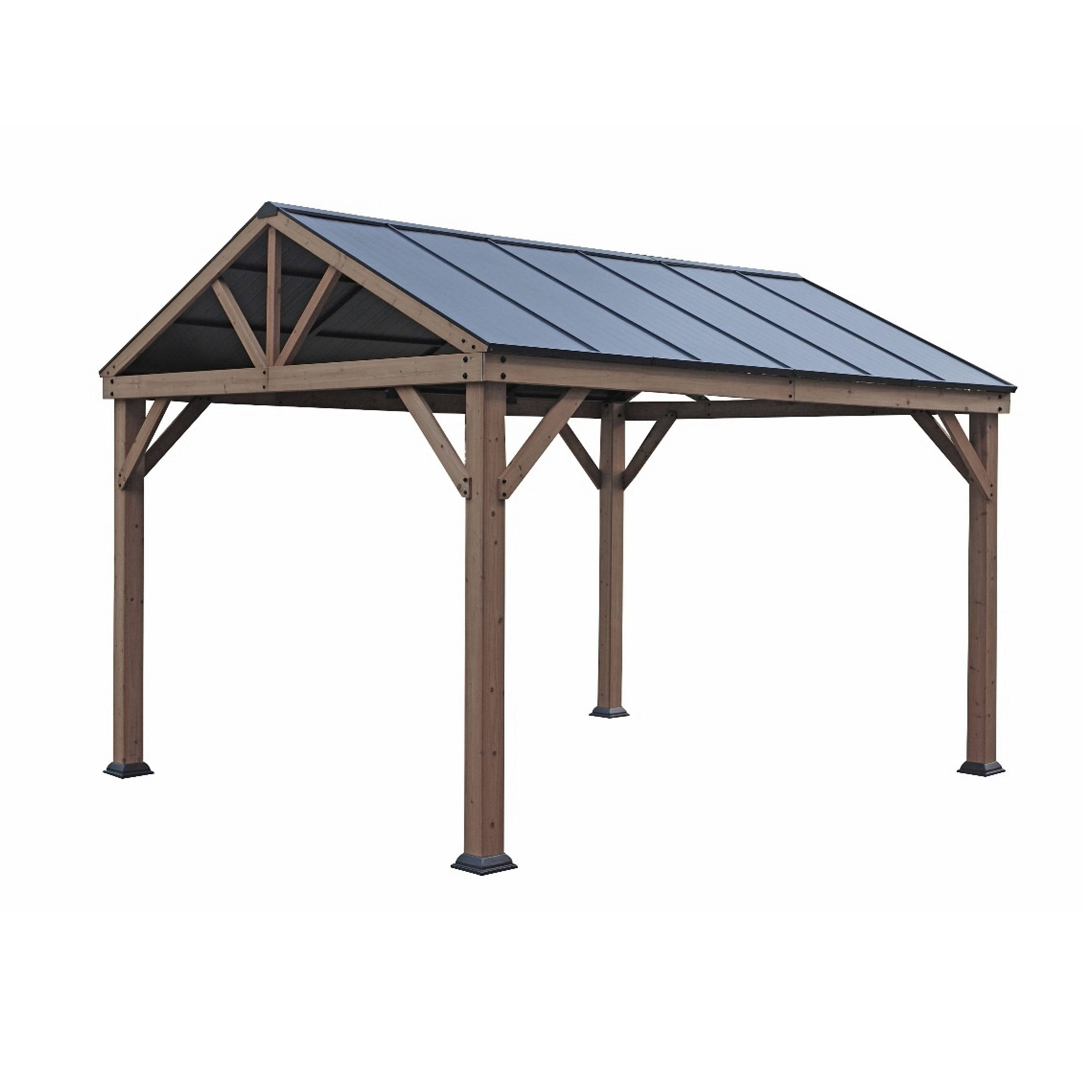 Allen + Roth 10.6-ft x 12.3-ft Light Brown Cedar Wood frame; Black Steel Roof Wood Rectangle Gazebo with Steel Roof | TPGAZ2341