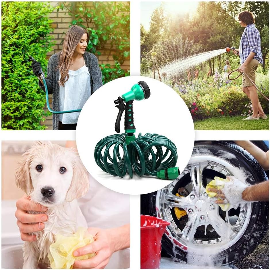 EVA Recoil Garden Hose 25ft - Includes 7 Pattern Spray Nozzle, Retractable Curly Water Hose (green)