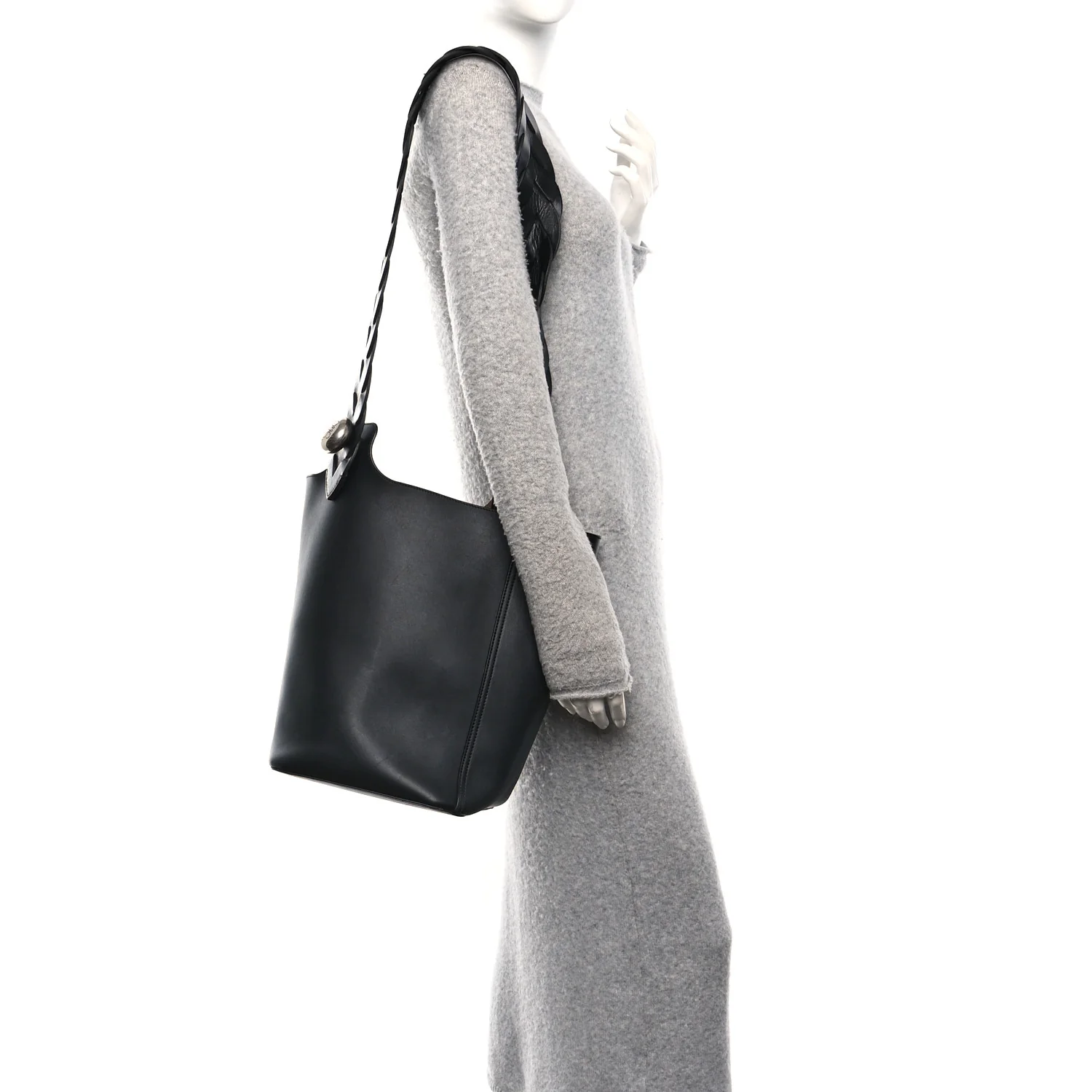 Smooth Calfski Large Woven Pebble Bucket Bag Black