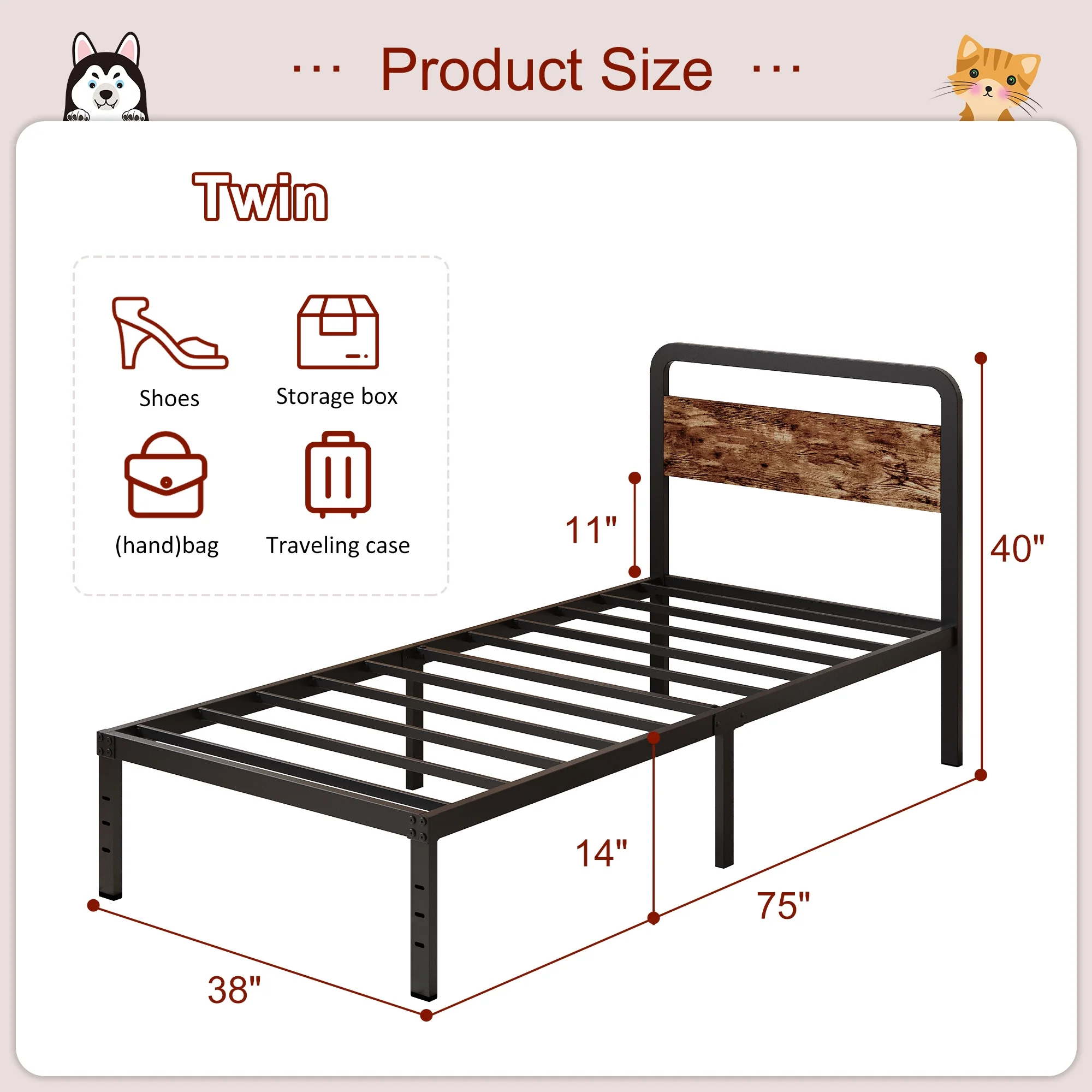 Maenizi Twin XL Bed Frames with Upholstered Headboard, 18 in Twin XL Metal Bed Frame No Box Spring Needed, Heavy Duty Metal Slats, Noise Free, Easy Assemble, Grey
