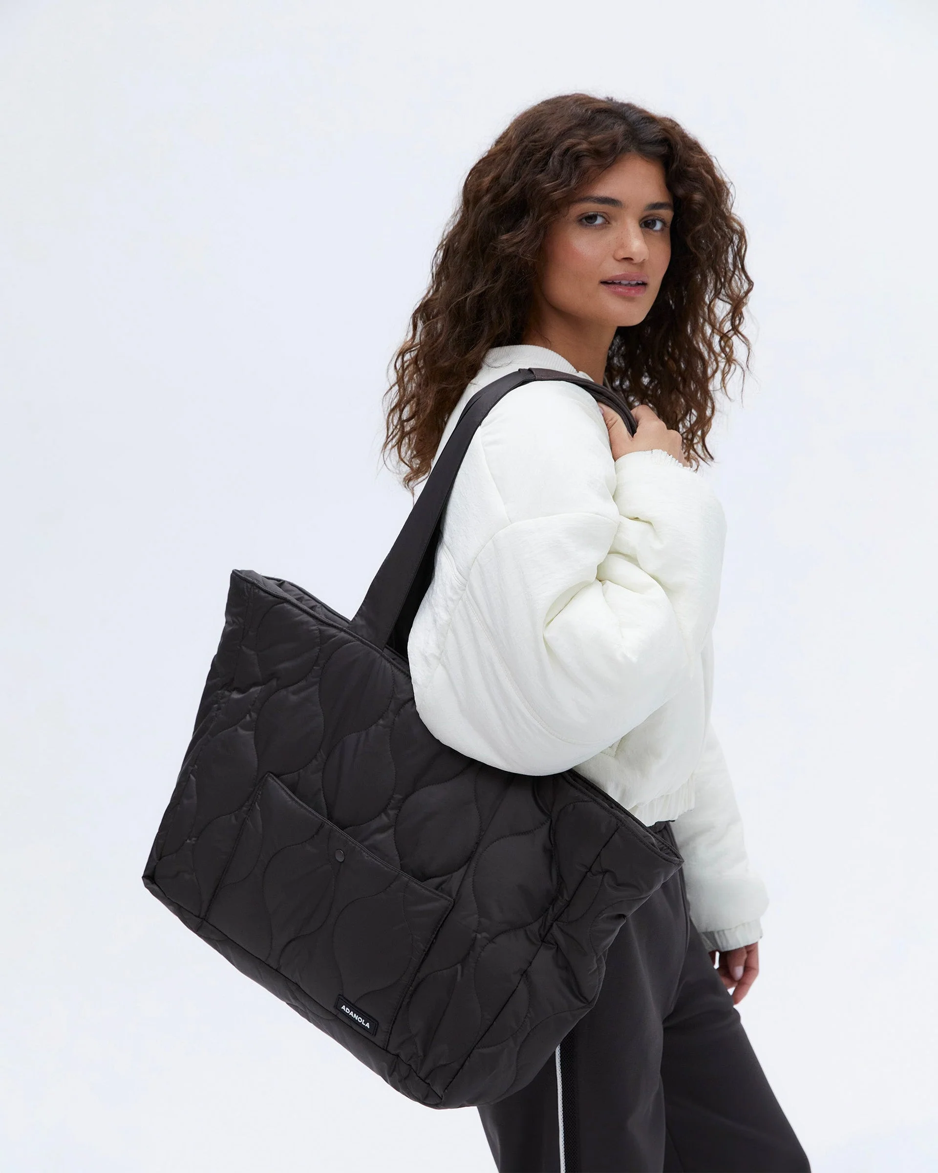 Quilted Nylon Tote Bag - Coffee Bean