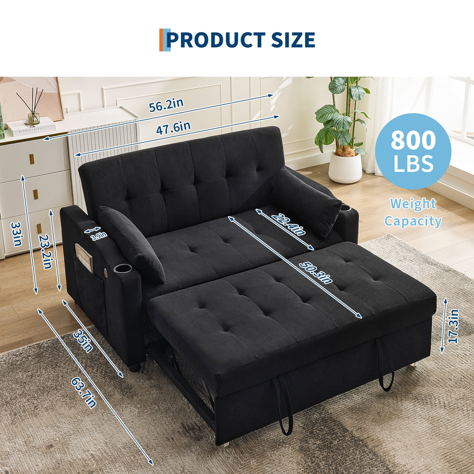 3 in 1 Convertible Sleeper Sofa Bed, Corduroy Futon Couches with Pull - Out Bed, Adjustable Backrest, Charging Port & Side Pockets, Modern Upholstered Sofa for Living Room, Guest Room