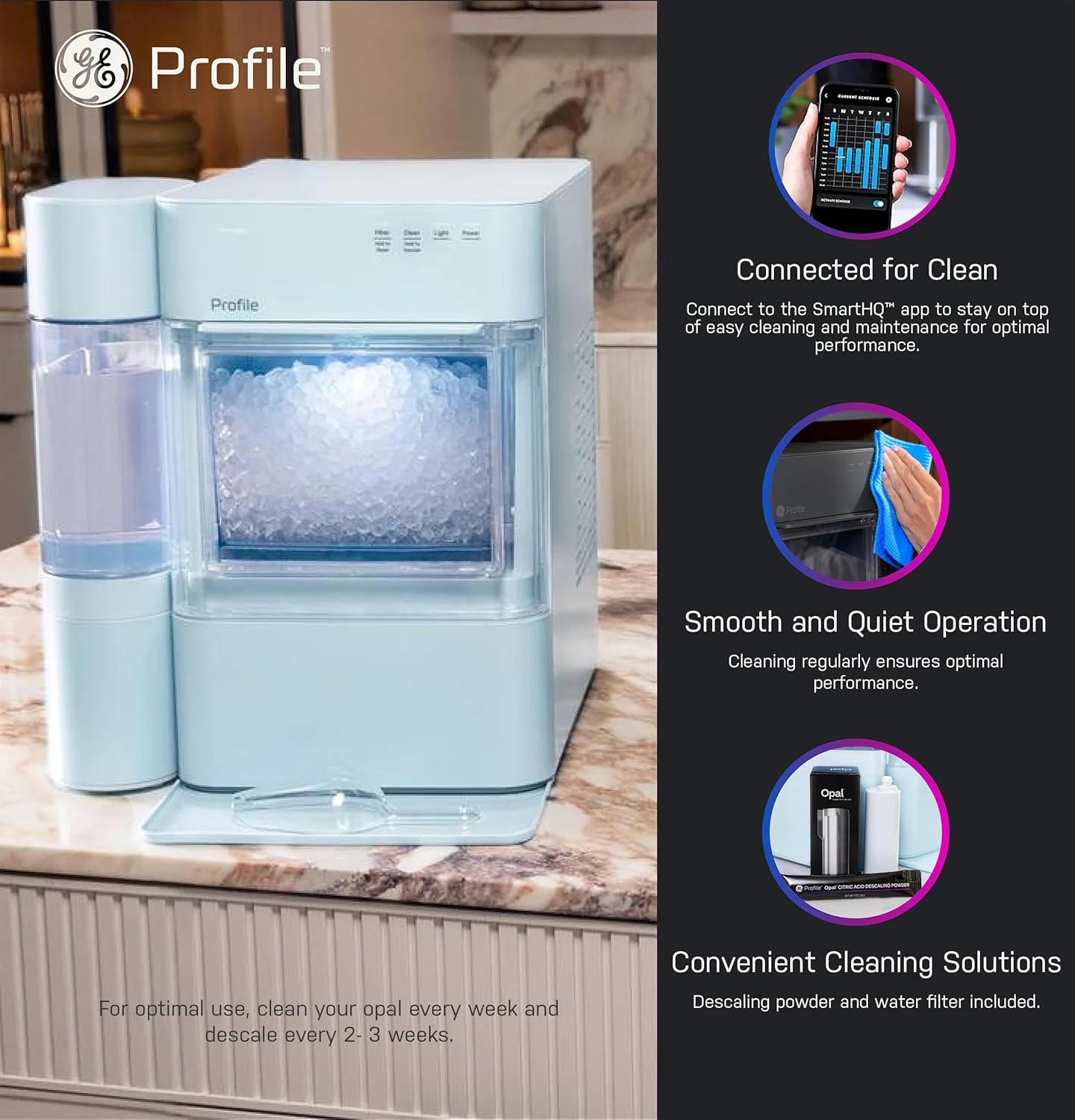 Machine à glaçons GE Profile Opal 2.0 XL avec réservoir de 3,8 litres, glaçons en pépites croquants et faciles à mâcher, pelle incluse, 17 kg en 24 heures, avec Wi-Fi et fonctionnalités intelligentes, en acier inoxydable.